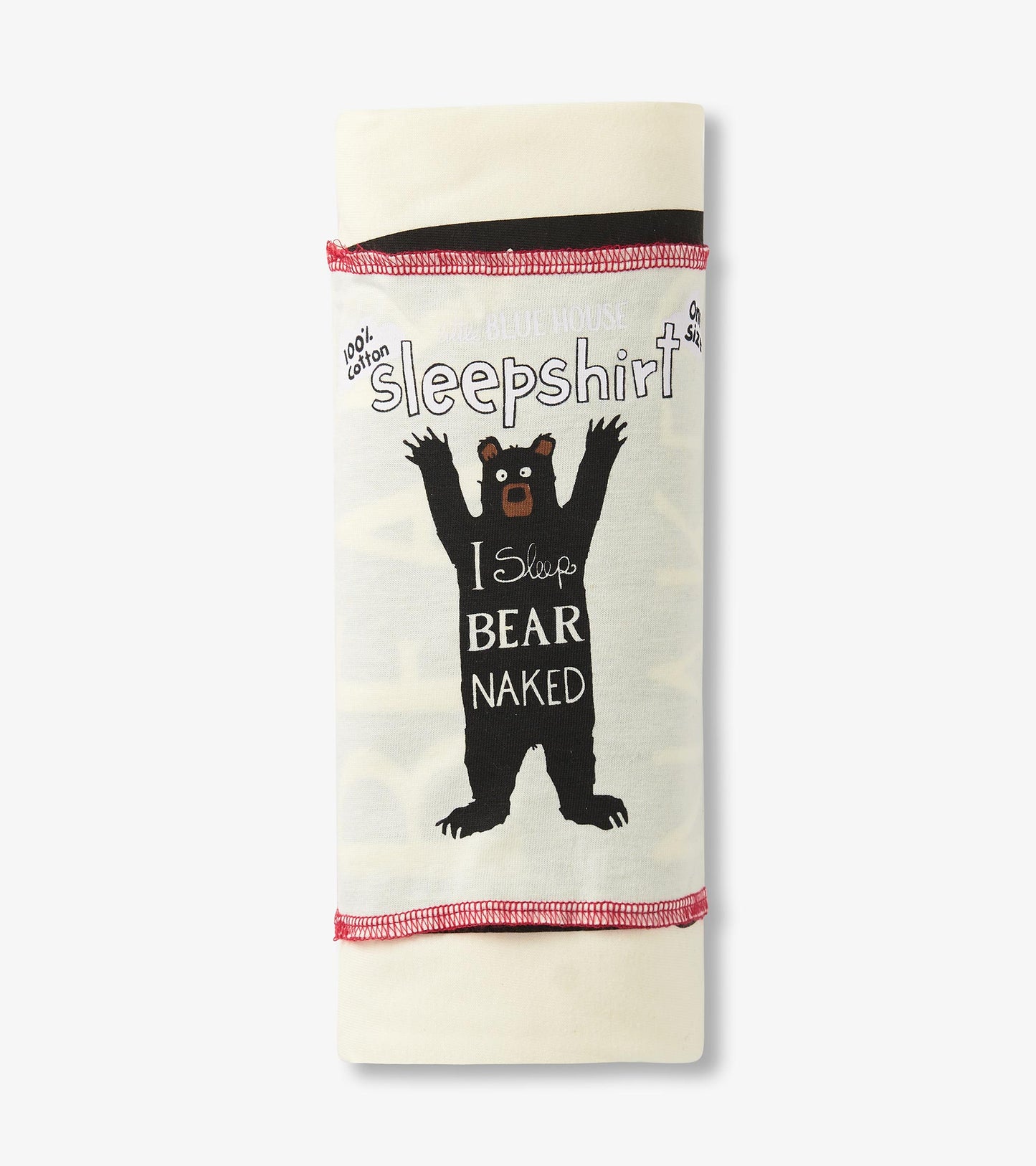 Folded cream sleepshirt showing black bear graphic, 'Sleepshirt' text, and pink contrast stitching