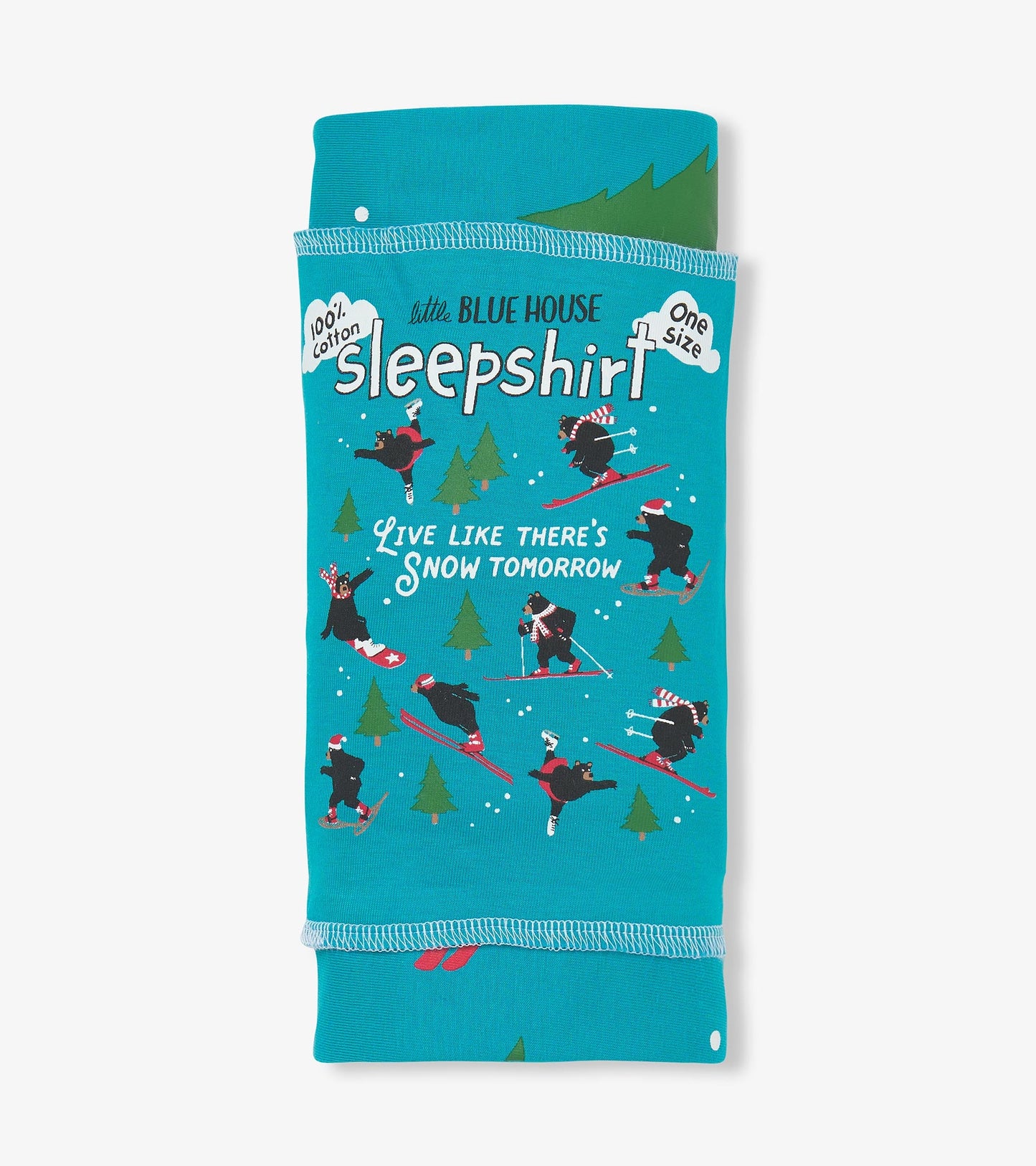 Turquoise cotton sleepshirt featuring playful skiing bears and trees, designed for comfort in a one-size fit.