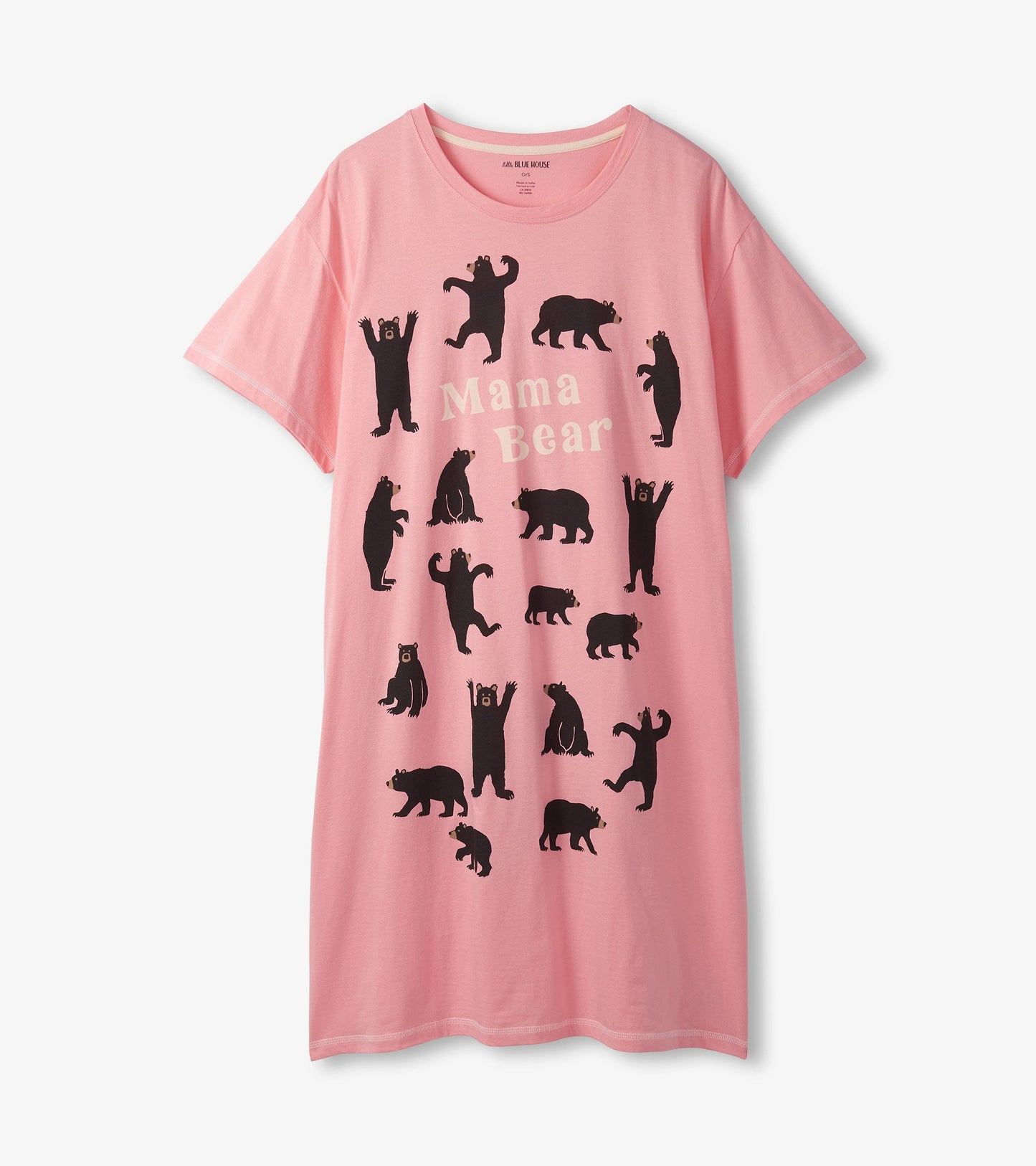 Pink short-sleeve sleepshirt featuring black bear graphics and the text "Mama Bear" in a playful design.