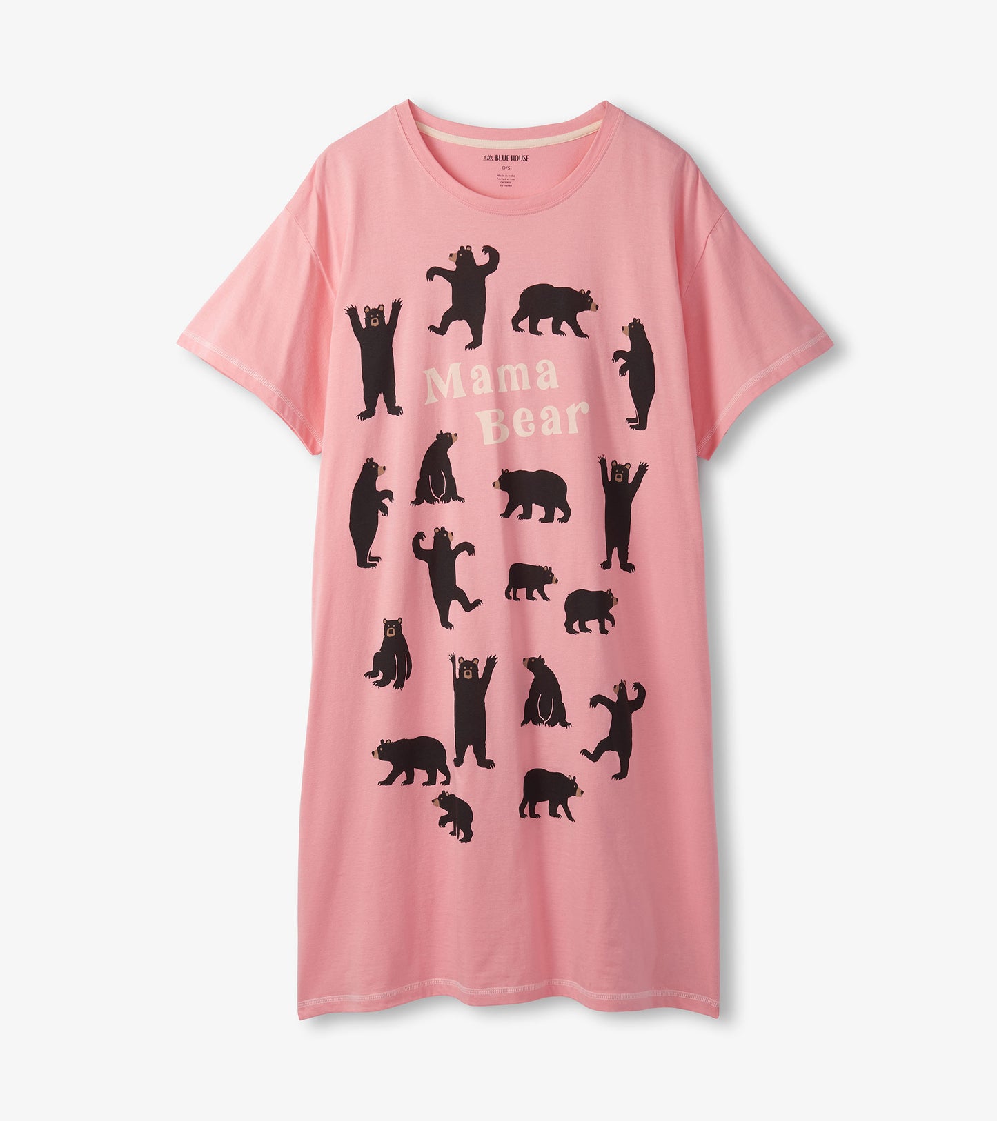 Front view of pink Mama Bear sleepshirt with short sleeves and black bear silhouette print