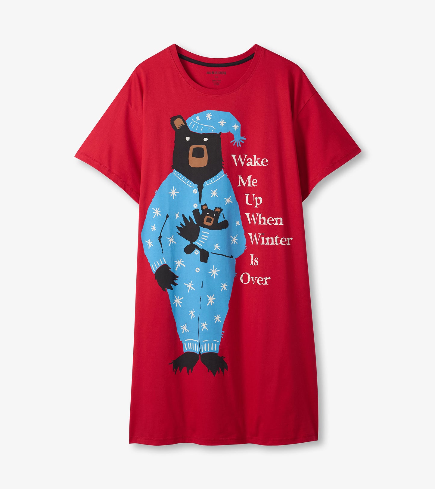 Front view of red short-sleeve sleepshirt with a bear in blue pajamas and "Wake Me Up When Winter Is Over