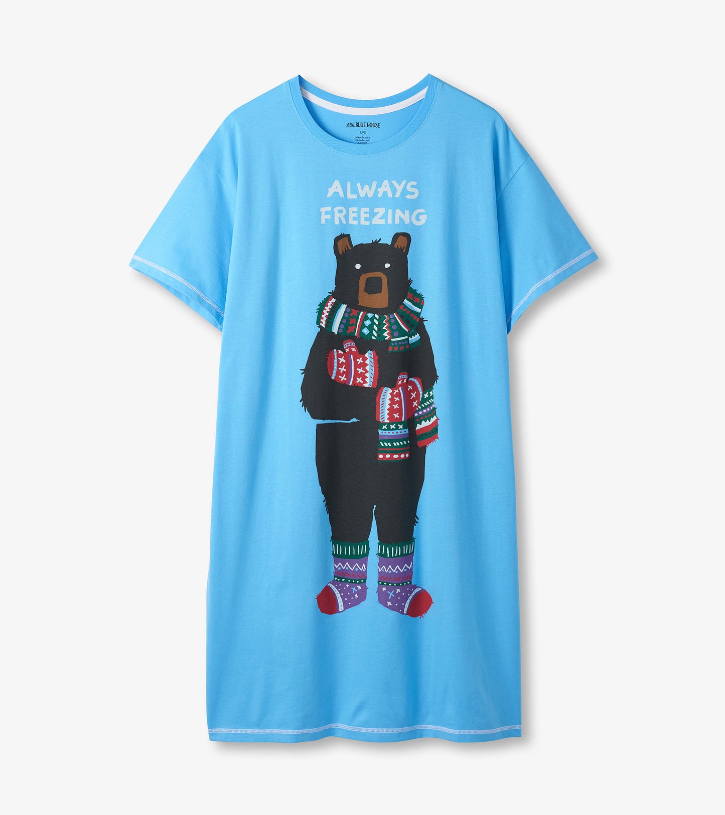 Light blue sleepshirt with 'Always Freezing' text and a bear wearing a scarf, mittens, and socks