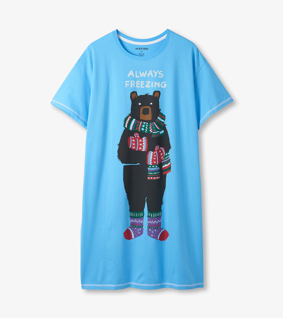 Blue short-sleeve sleepshirt with Always Freezing text and a bear wearing a scarf, mittens, and socks