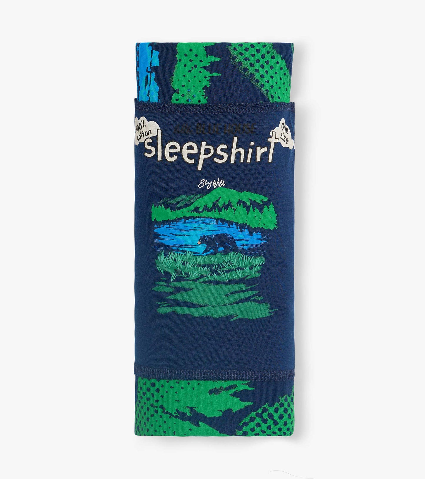 Folded navy cotton sleepshirt with green and blue bear-and-mountain print and “sleepshirt” text.