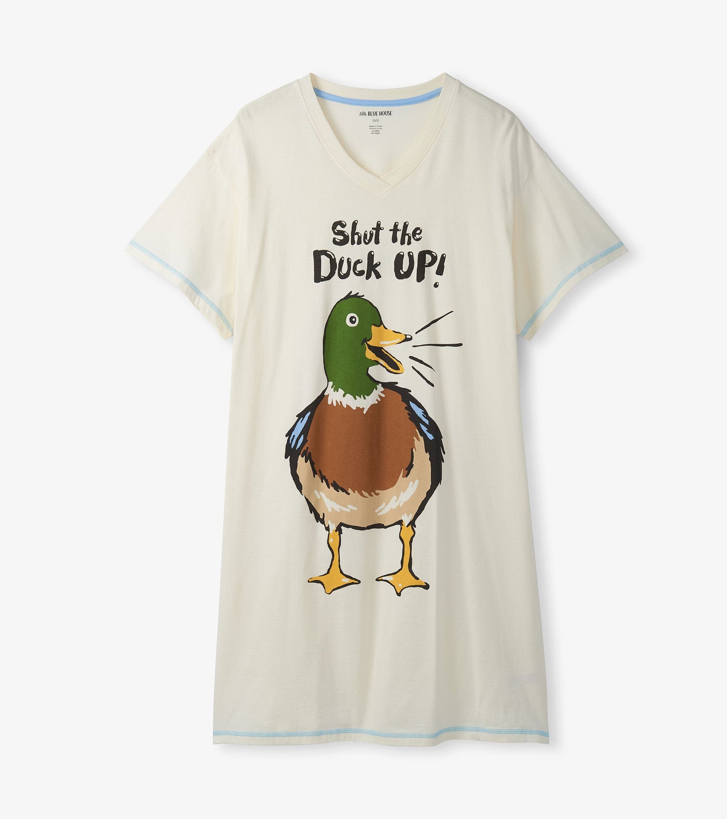 Cream-colored sleepshirt featuring a cartoon duck graphic and the text "Shut the Duck Up!" with a V-neck design.