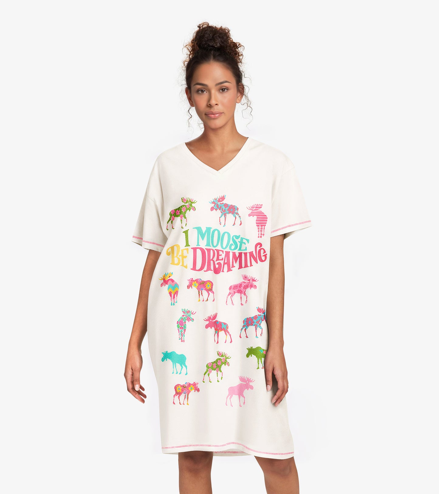 Cream-colored sleepshirt featuring colorful moose graphics and "I Moose Be Dreaming" text, with a V-neck and short sleeves.