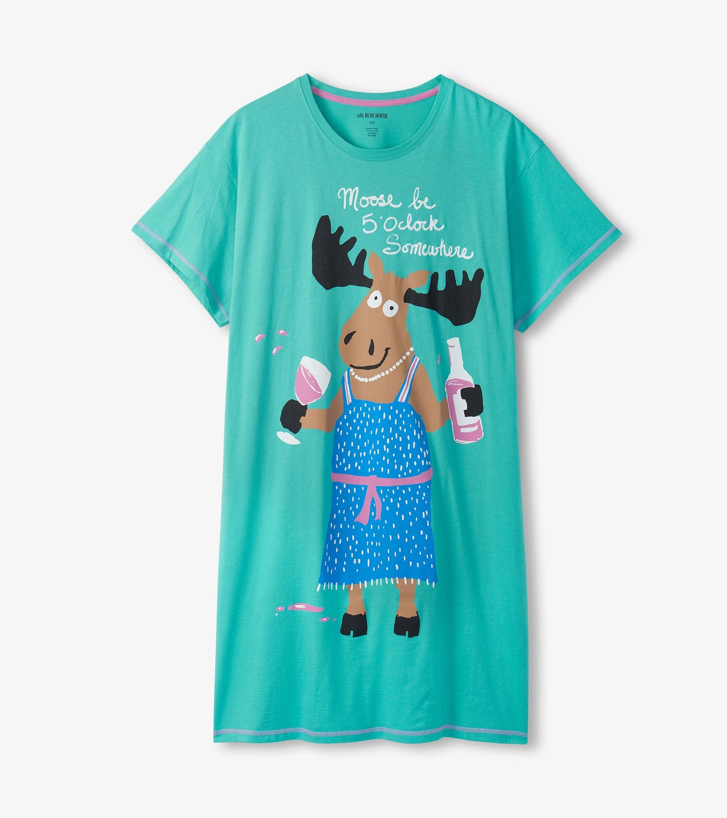 Turquoise sleepshirt featuring a playful moose graphic holding a wine glass and bottle, with a polka dot dress design.