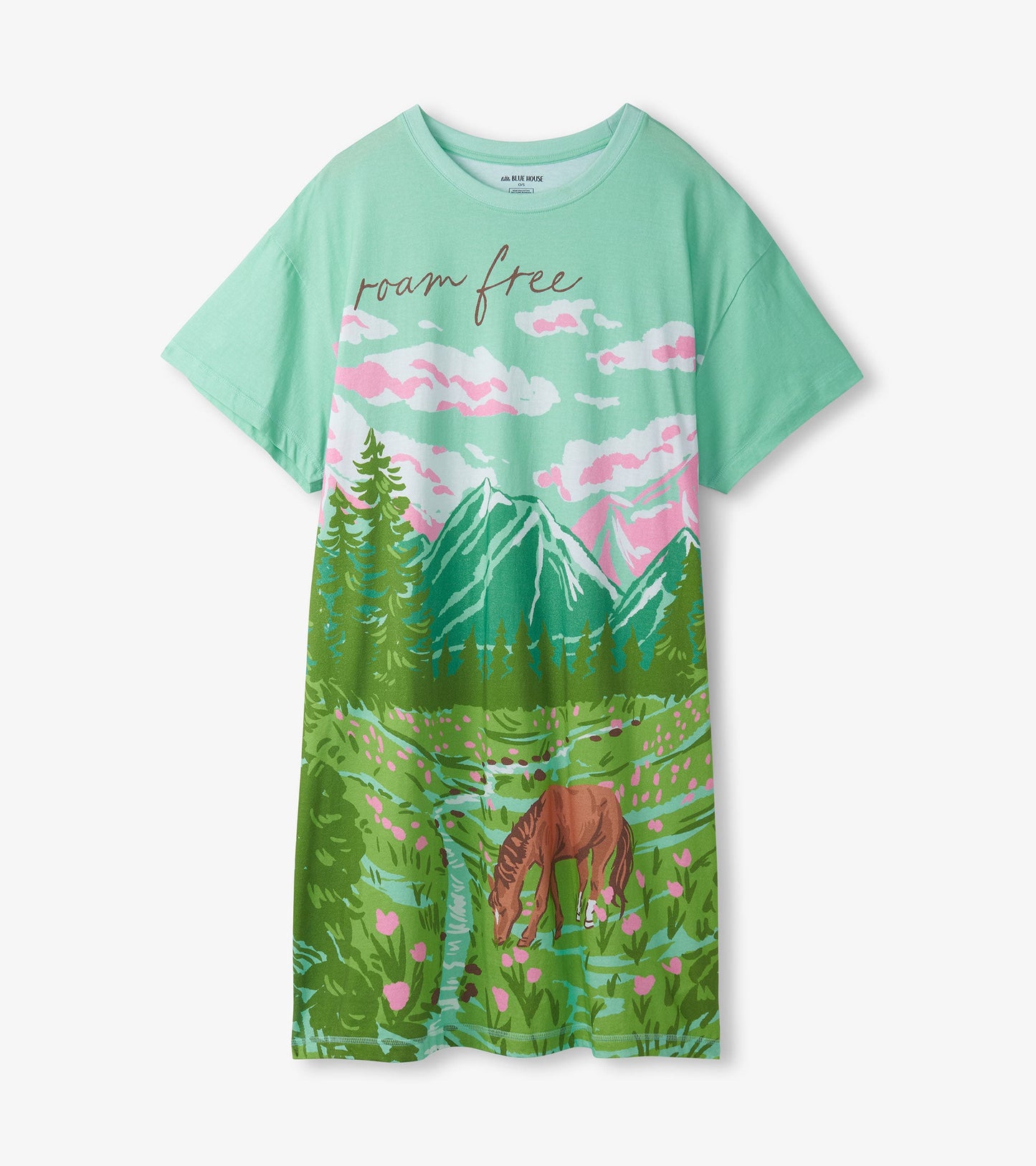 Mint green sleepshirt featuring a watercolor landscape with mountains, trees, and a grazing horse. Short sleeves and relaxed…