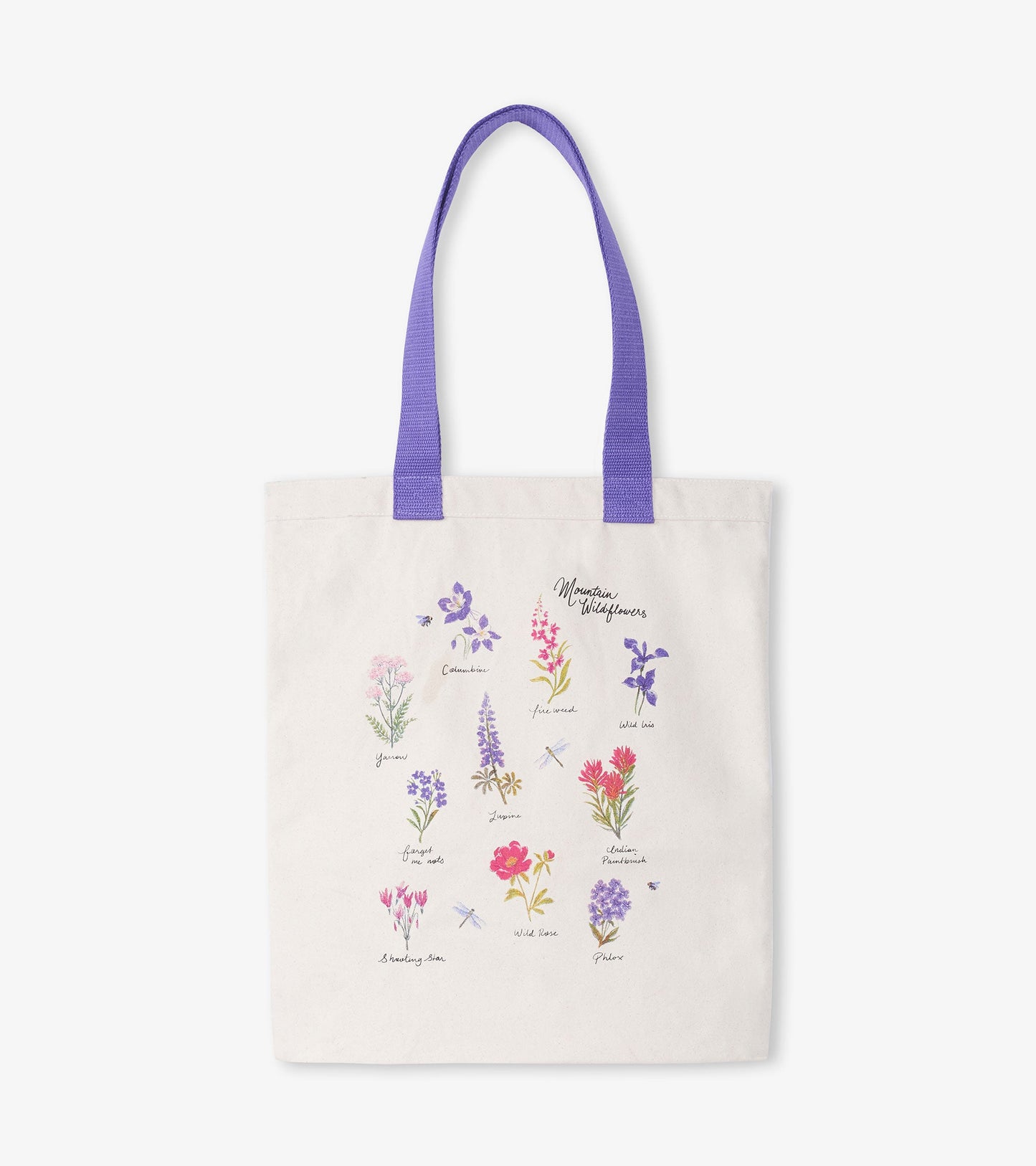 Cream tote bag featuring colorful wildflower illustrations and purple handles. Ideal for shopping or daily use.