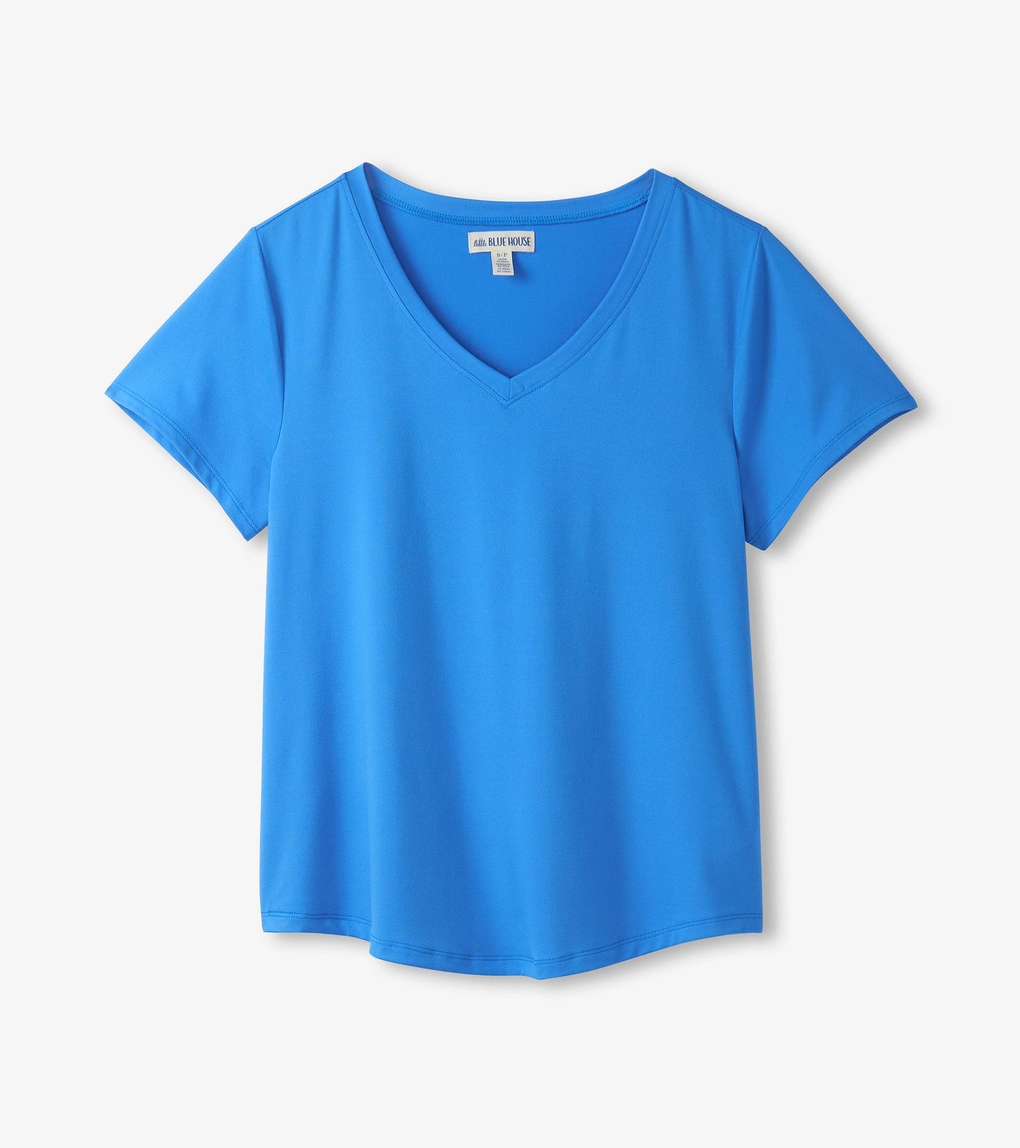 Blue V-neck t-shirt with short sleeves, made from soft material, featuring a relaxed fit.