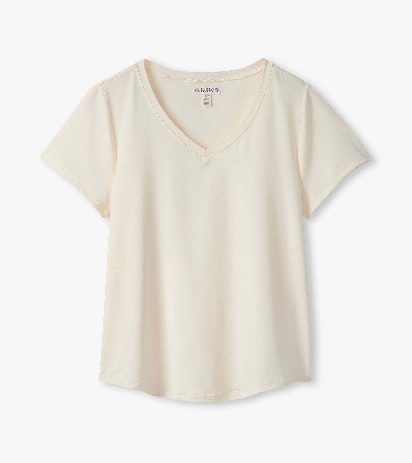 Cream V-neck t-shirt with short sleeves, featuring a relaxed fit and soft fabric.