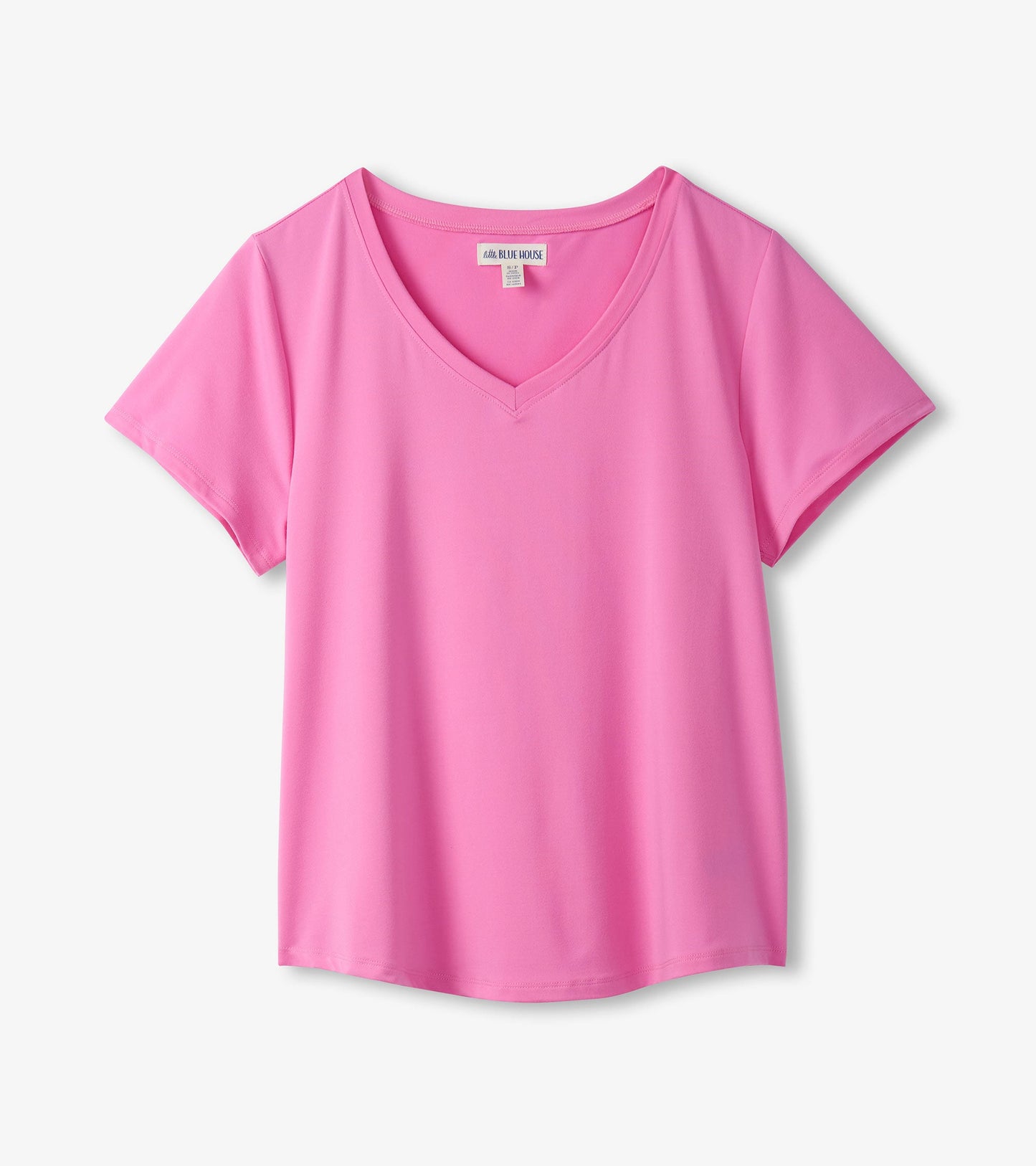 Pink V-neck t-shirt with short sleeves, made from soft material, suitable for casual wear.