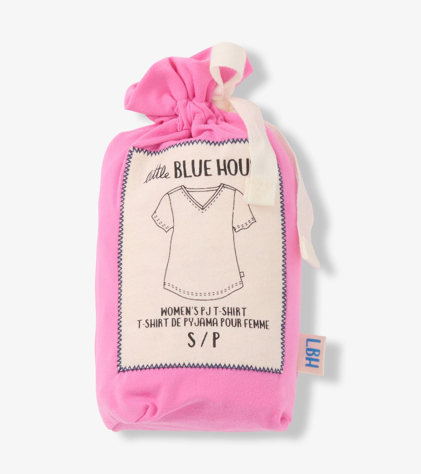 Pink V-neck T-shirt packaged in a drawstring bag, featuring a simple design and soft fabric. Size options available.
