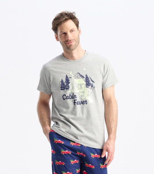 Gray short-sleeve t-shirt featuring a cabin graphic and "Cabin Fever" text, suitable for casual winter wear.
