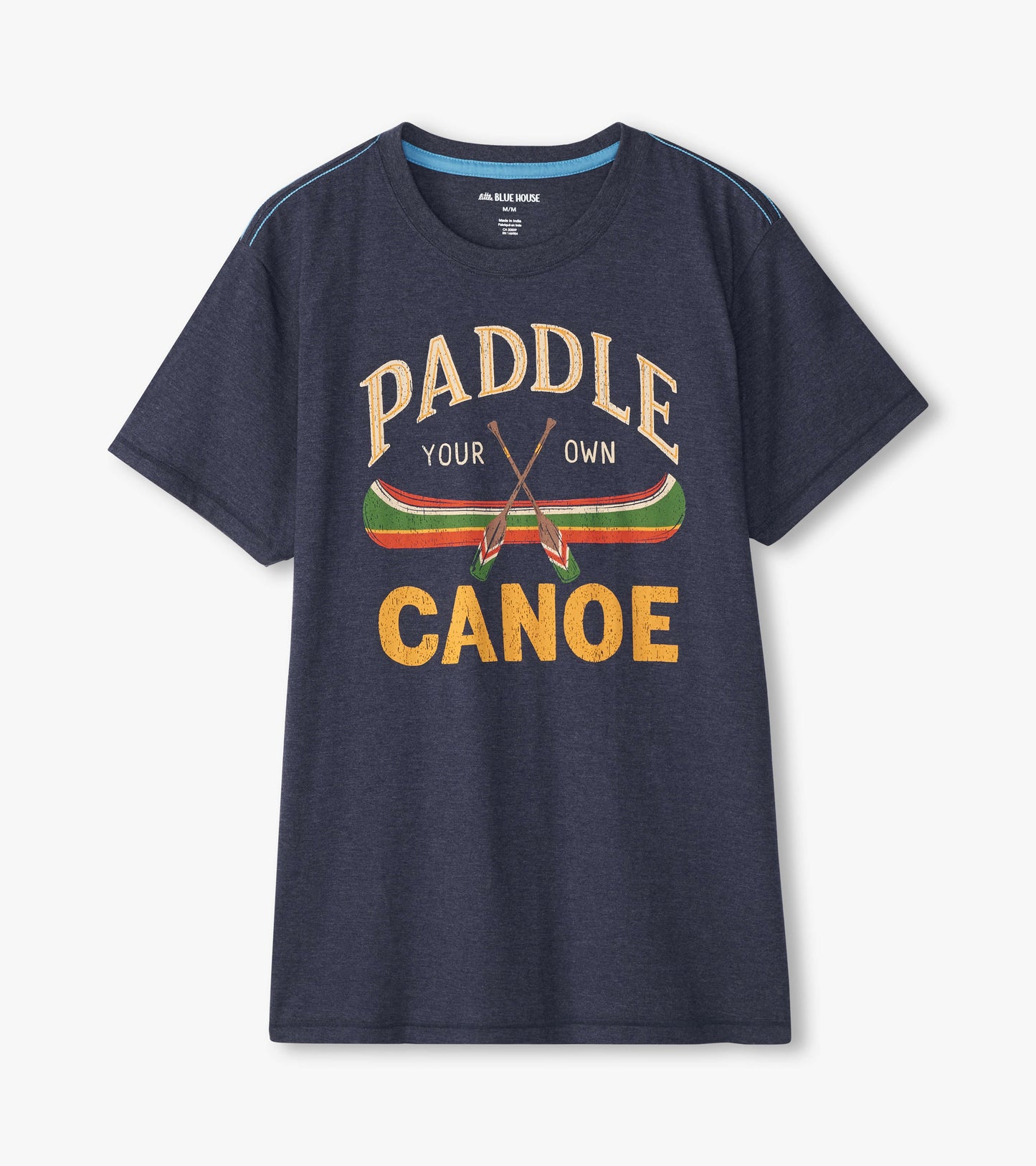 Navy blue men's t-shirt featuring a canoe graphic with the text "Paddle Your Own Canoe" in bold, colorful letters.