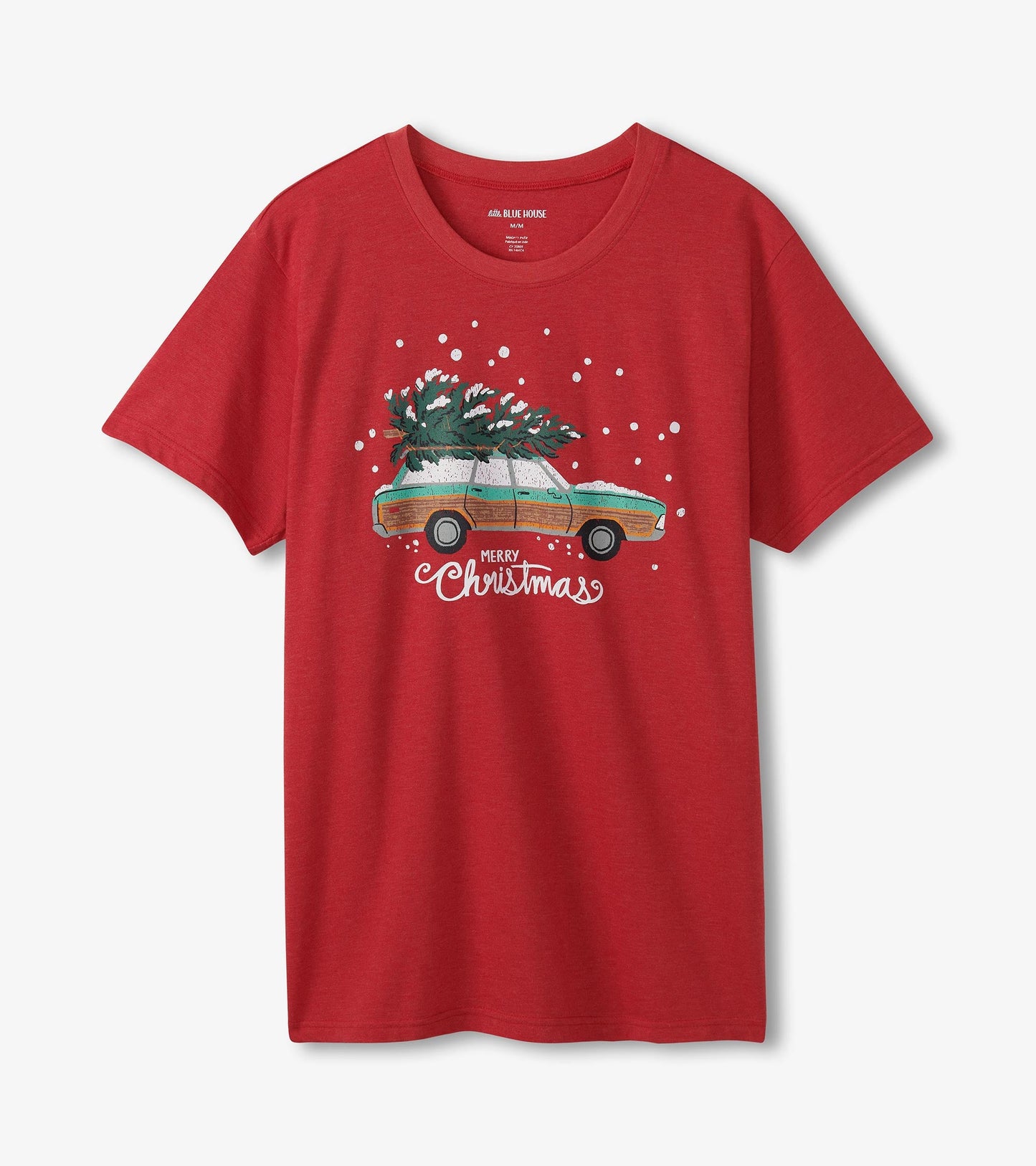 Red short-sleeve t-shirt featuring a vintage car with a Christmas tree and snowflakes design.
