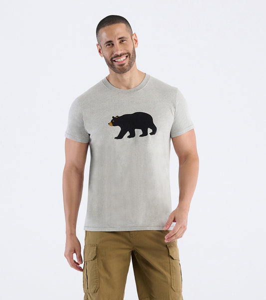Grey men's tee featuring a black bear graphic on the front, short sleeves, and a crew neckline.