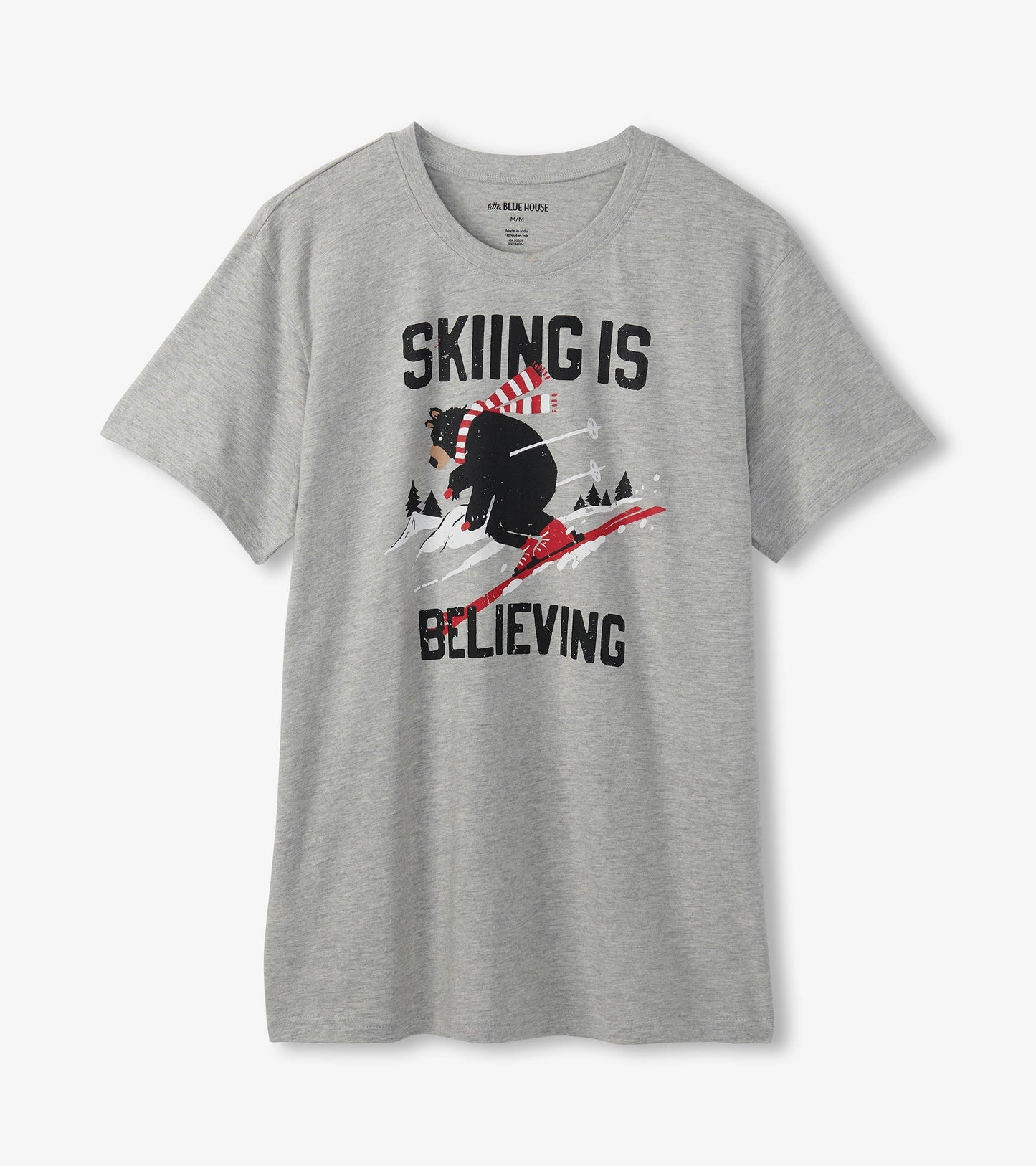 Gray short-sleeve t-shirt featuring a skiing bear graphic with the text "SKIING IS BELIEVING" in bold black letters.