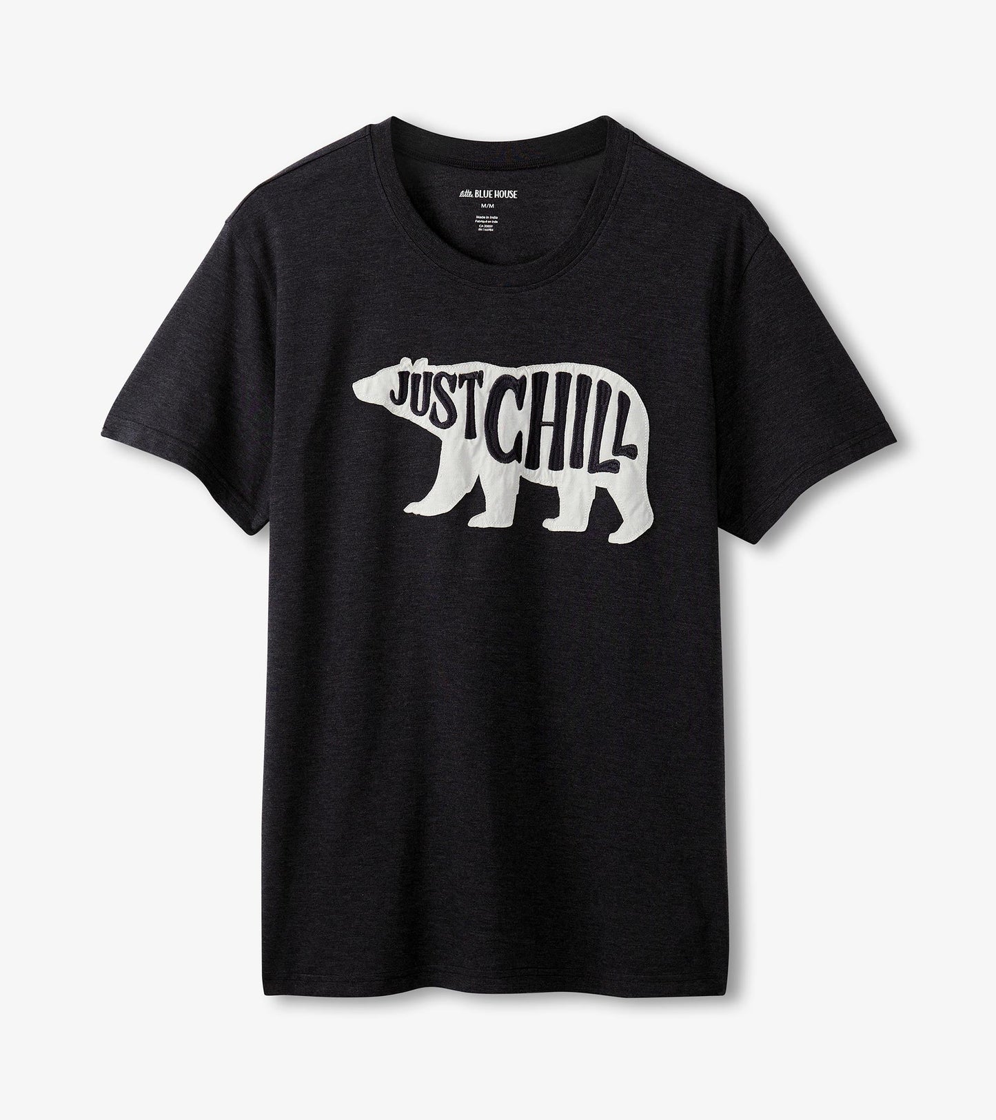 Black short-sleeve t-shirt featuring a white bear graphic and the text "JUST CHILL.