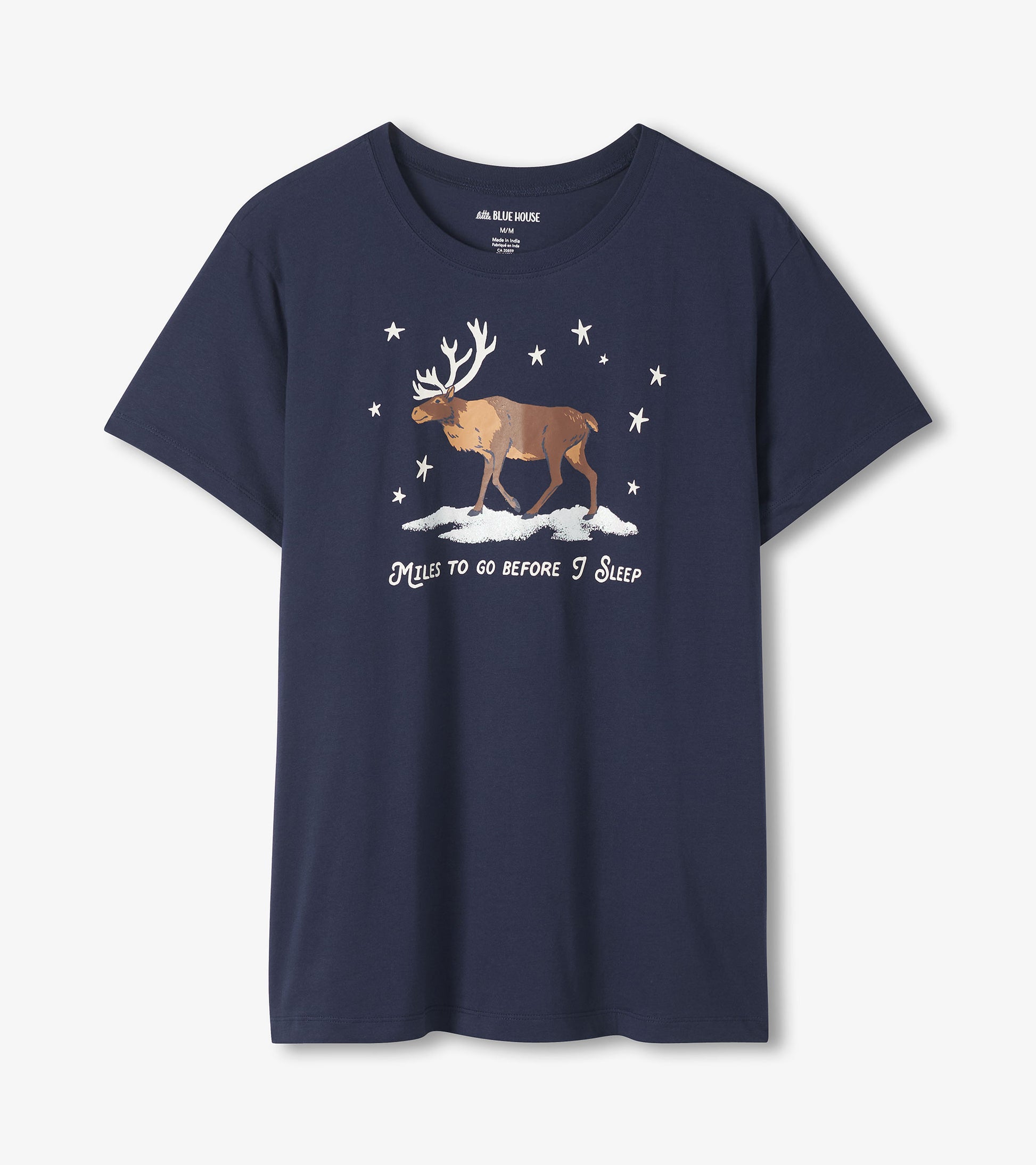 Navy blue cotton t-shirt featuring a moose graphic and stars, with the text "Miles to go before I Sleep.