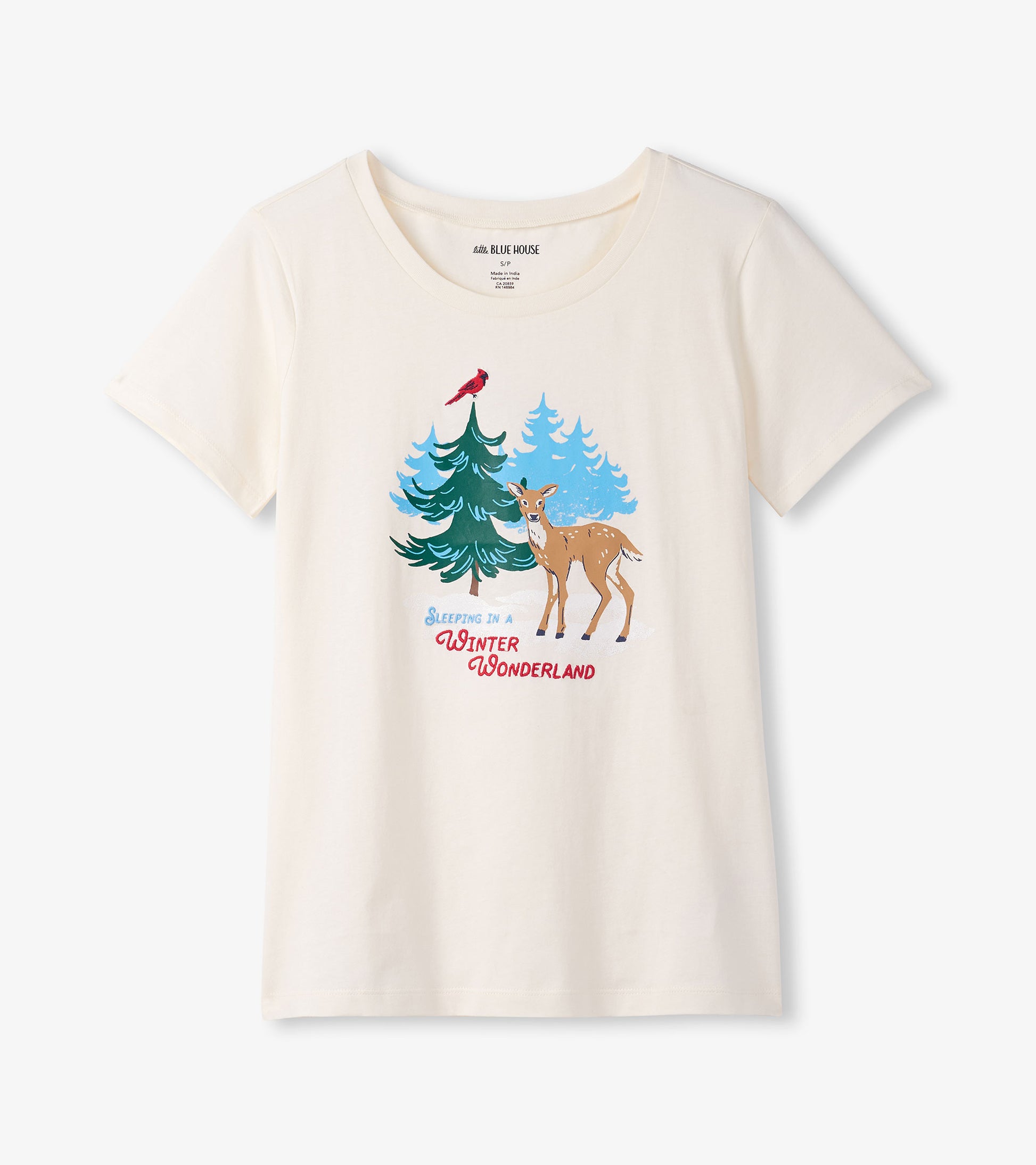 Cream short-sleeve pajama t-shirt featuring a winter scene with a deer, evergreen trees, and a cardinal graphic.