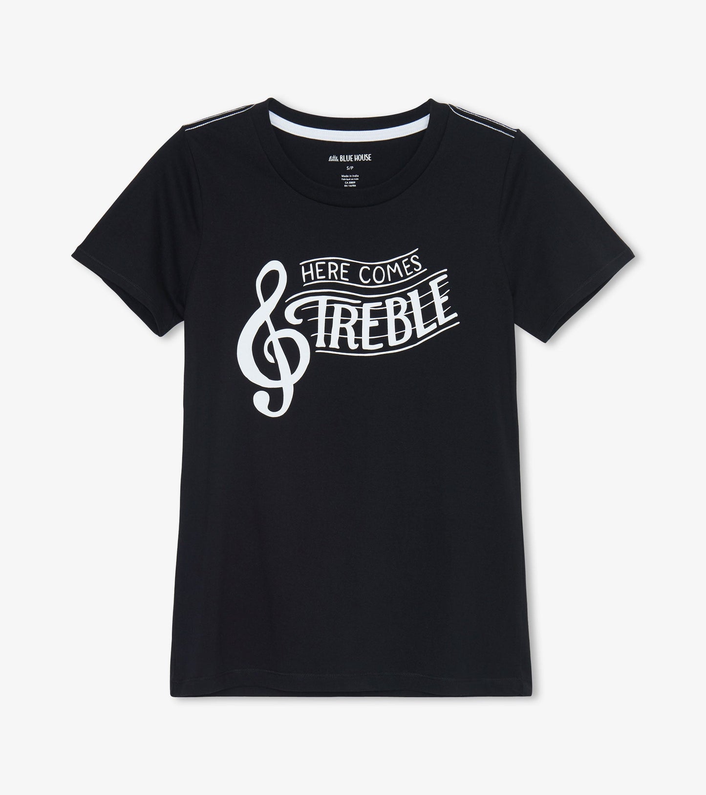 Black women's pajama t-shirt featuring a white musical note and "HERE COMES TREBLE" graphic on the front.