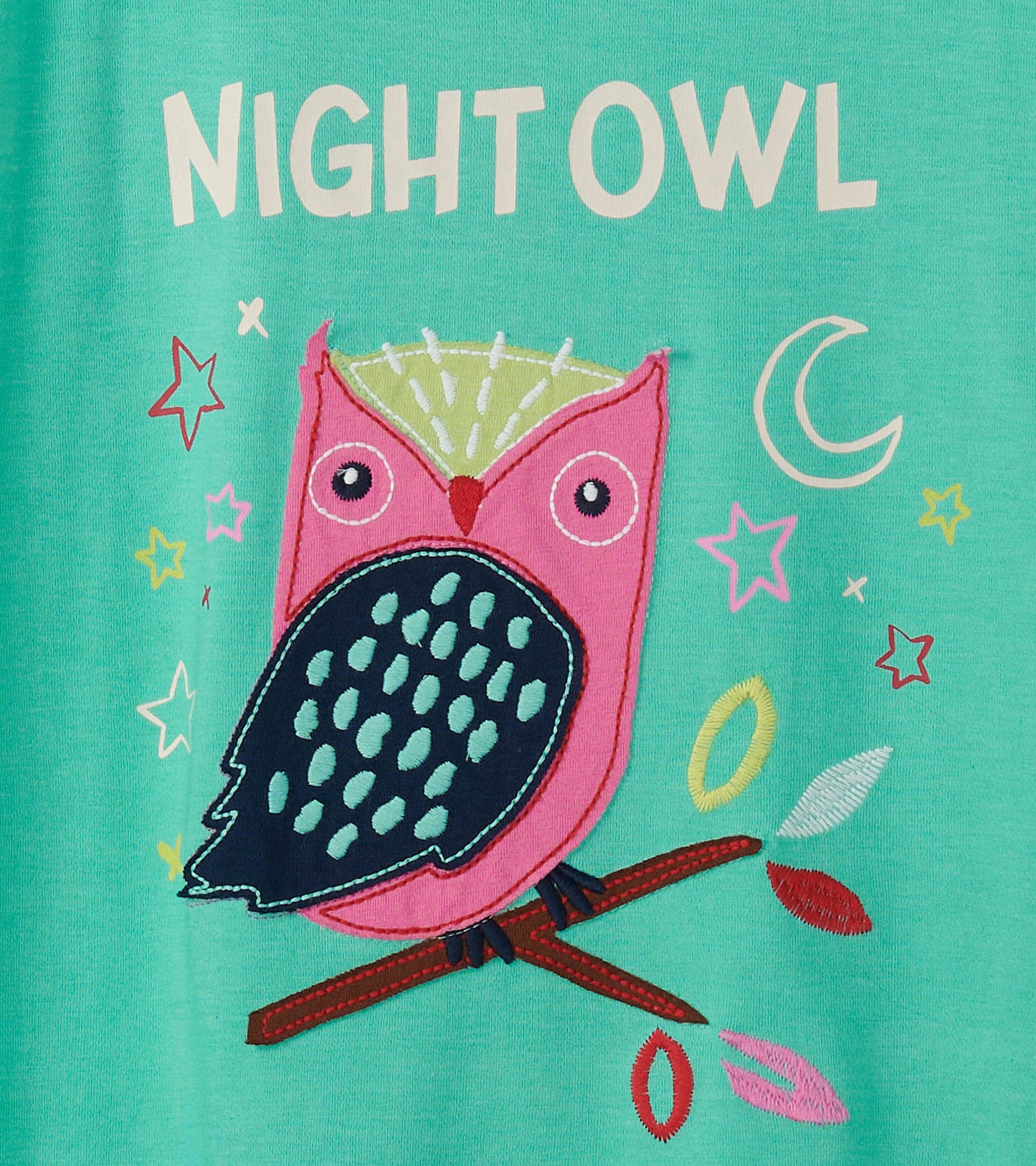 Turquoise pajama tee featuring a pink owl graphic with stars and leaves, ideal for comfortable nighttime wear.
