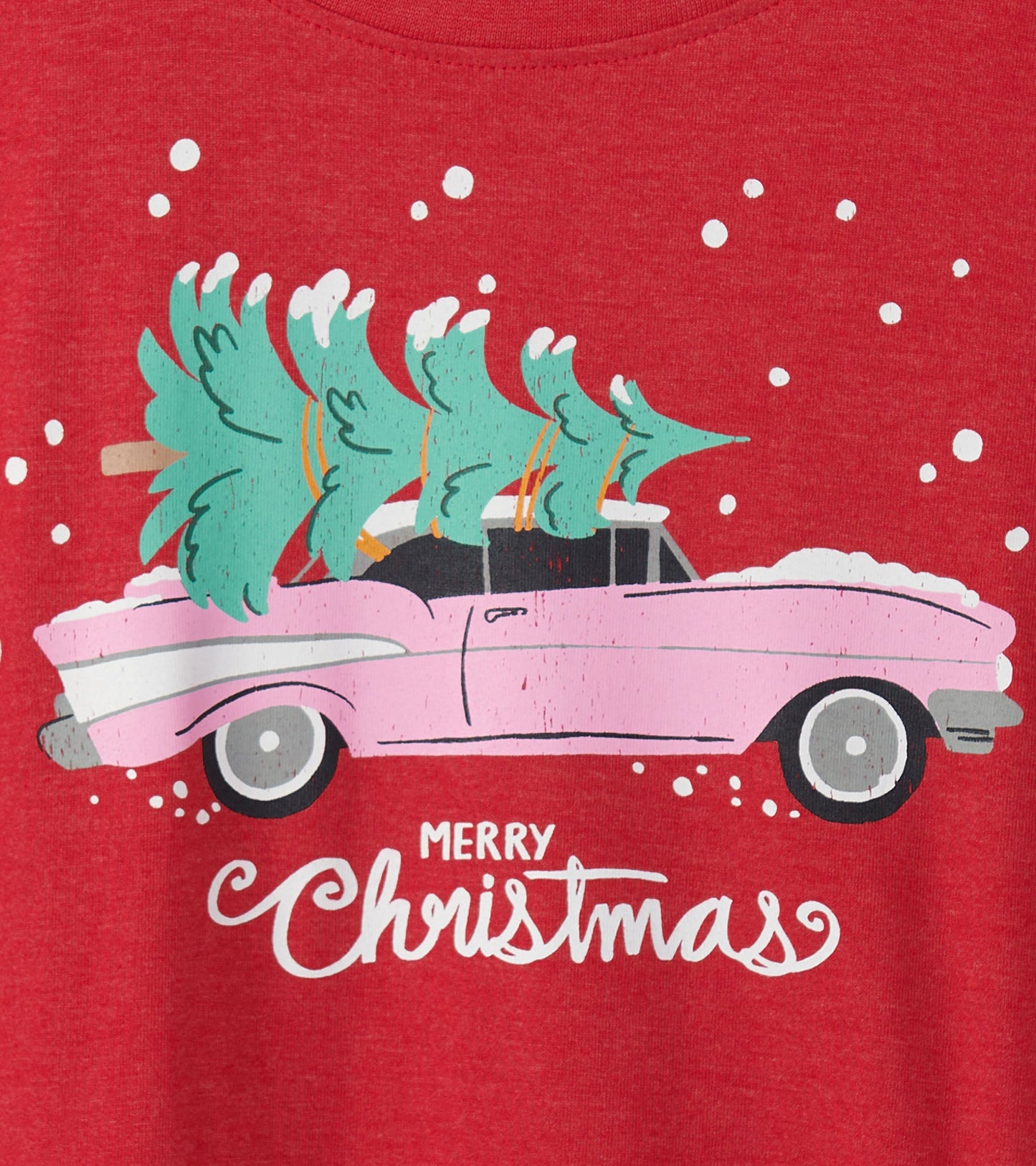 Red pajama tee featuring a pink car with Christmas trees on top and snowflakes, ideal for festive lounging.
