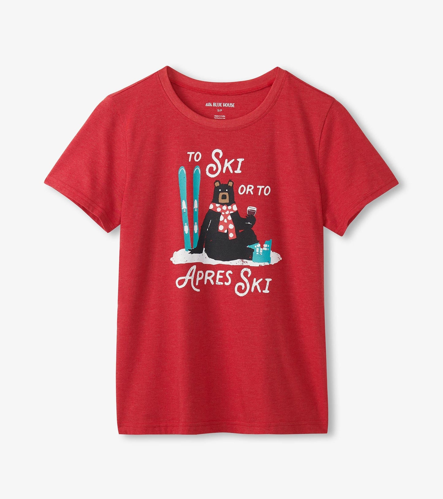 Red pajama tee featuring a bear with skis and a drink, text reads "To Ski or To Apres Ski." Short sleeves and crew neck.