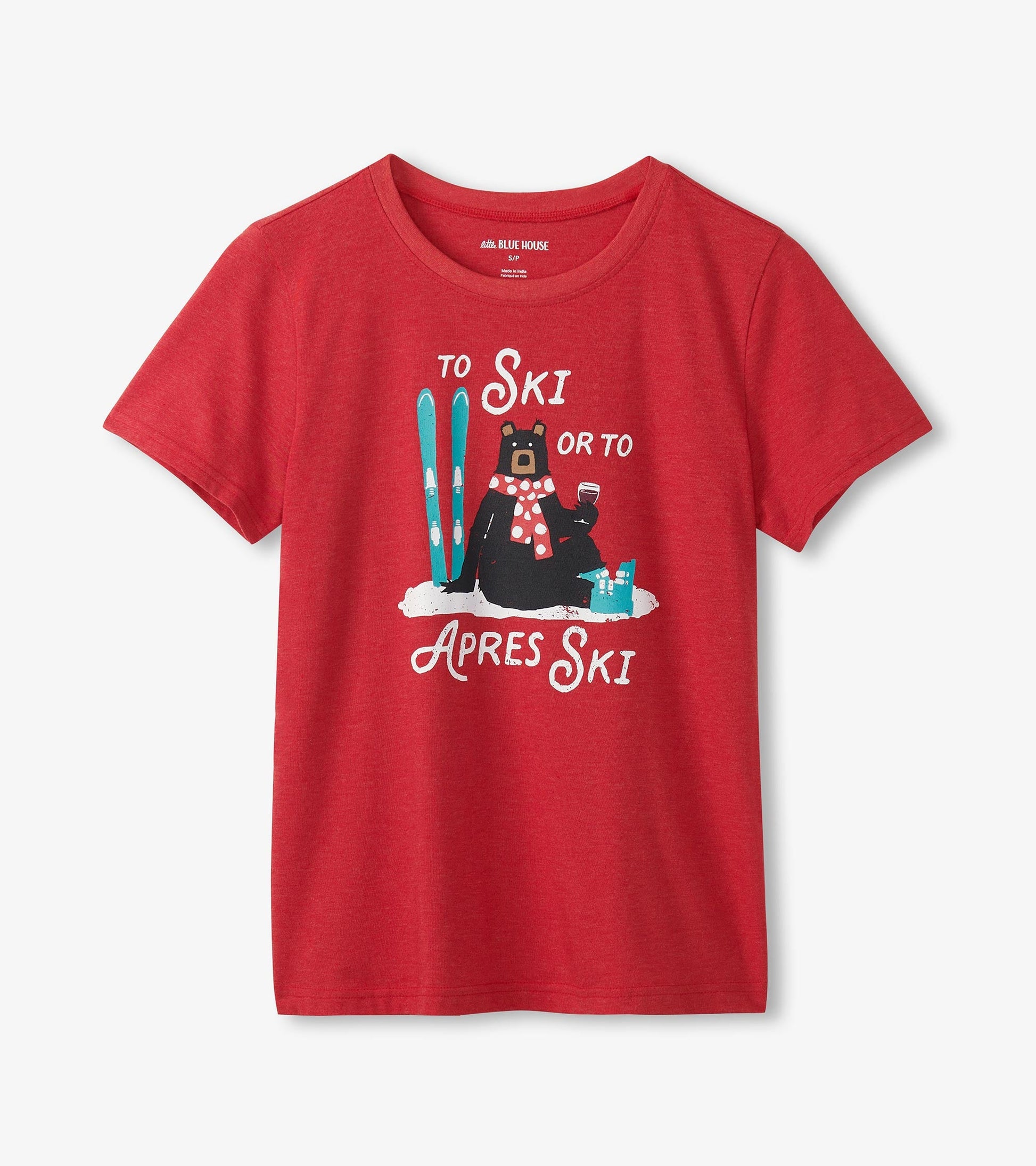 Red pajama tee featuring a bear with skis and a drink, text reads "To Ski or To Apres Ski." Short sleeves and crew neck.