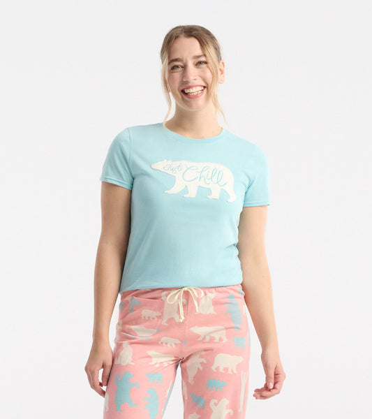 Light blue short-sleeve pajama tee featuring a white bear graphic and "Just Chill" text, styled for casual comfort.