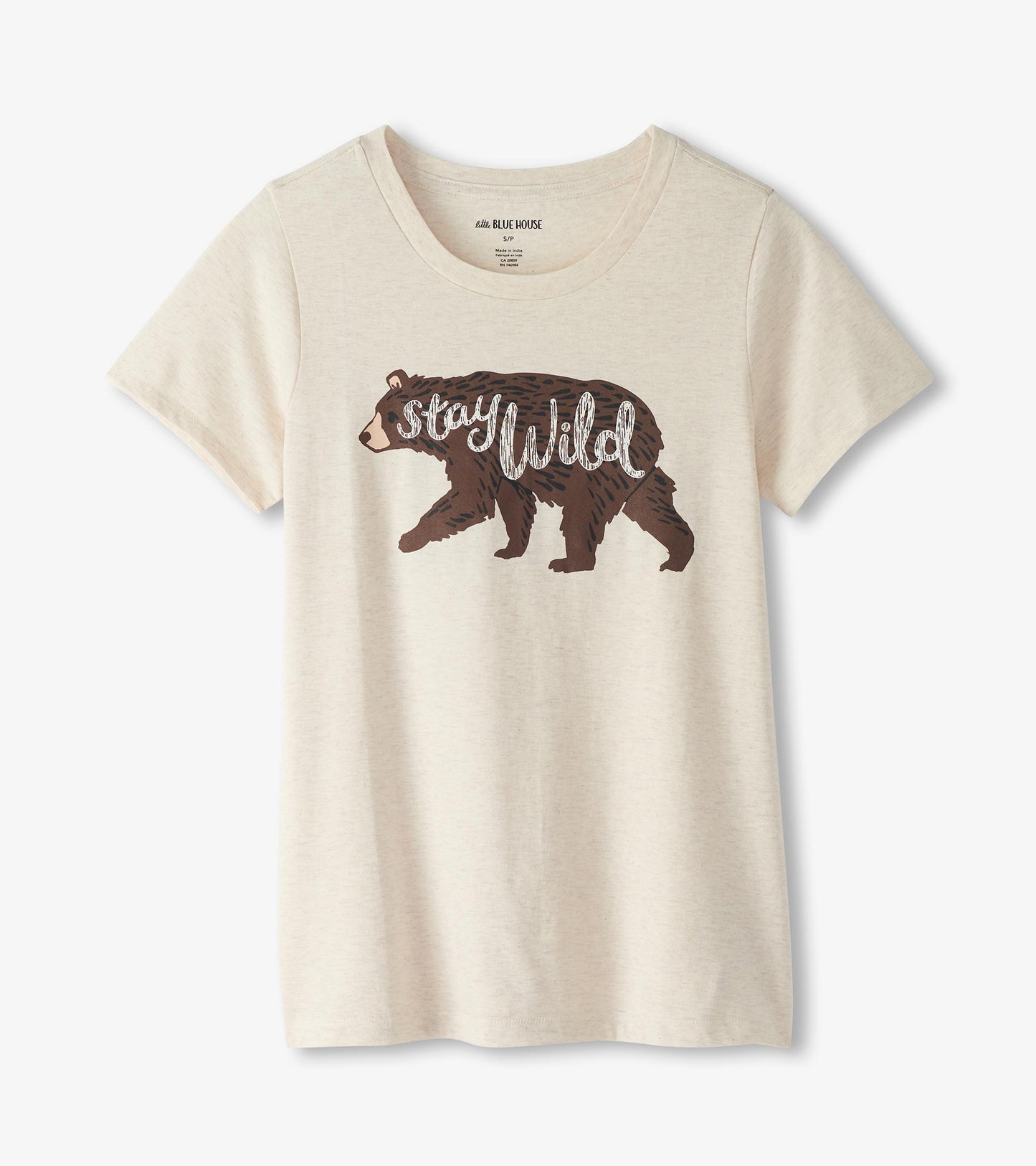 Cream-colored pajama t-shirt featuring a brown bear graphic with the text "stay Wild" in a playful font.