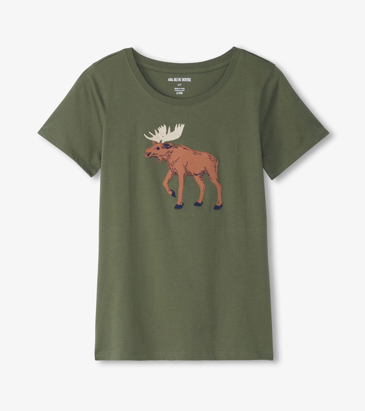 Olive green short-sleeve pajama t-shirt featuring a moose graphic on the front.