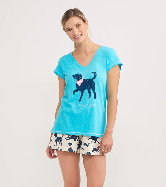 Light blue women's V-neck tee featuring a black dog graphic and "dog mom" text, styled with short sleeves.