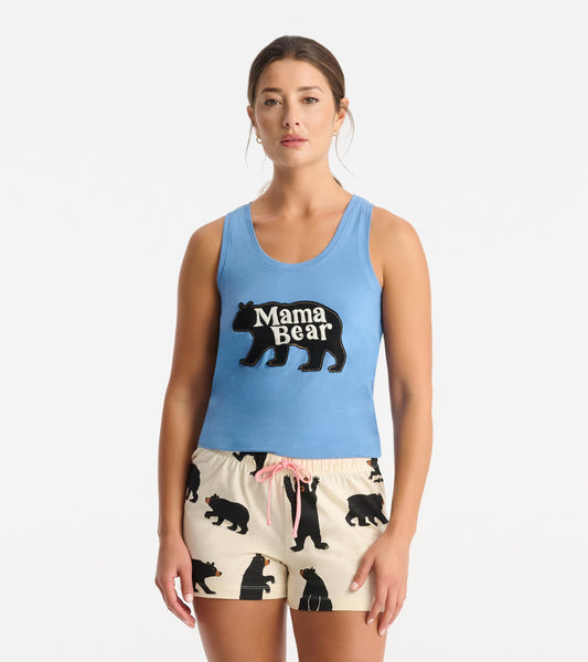 Light blue tank top featuring "Mama Bear" graphic, paired with cream shorts adorned with black bear prints.