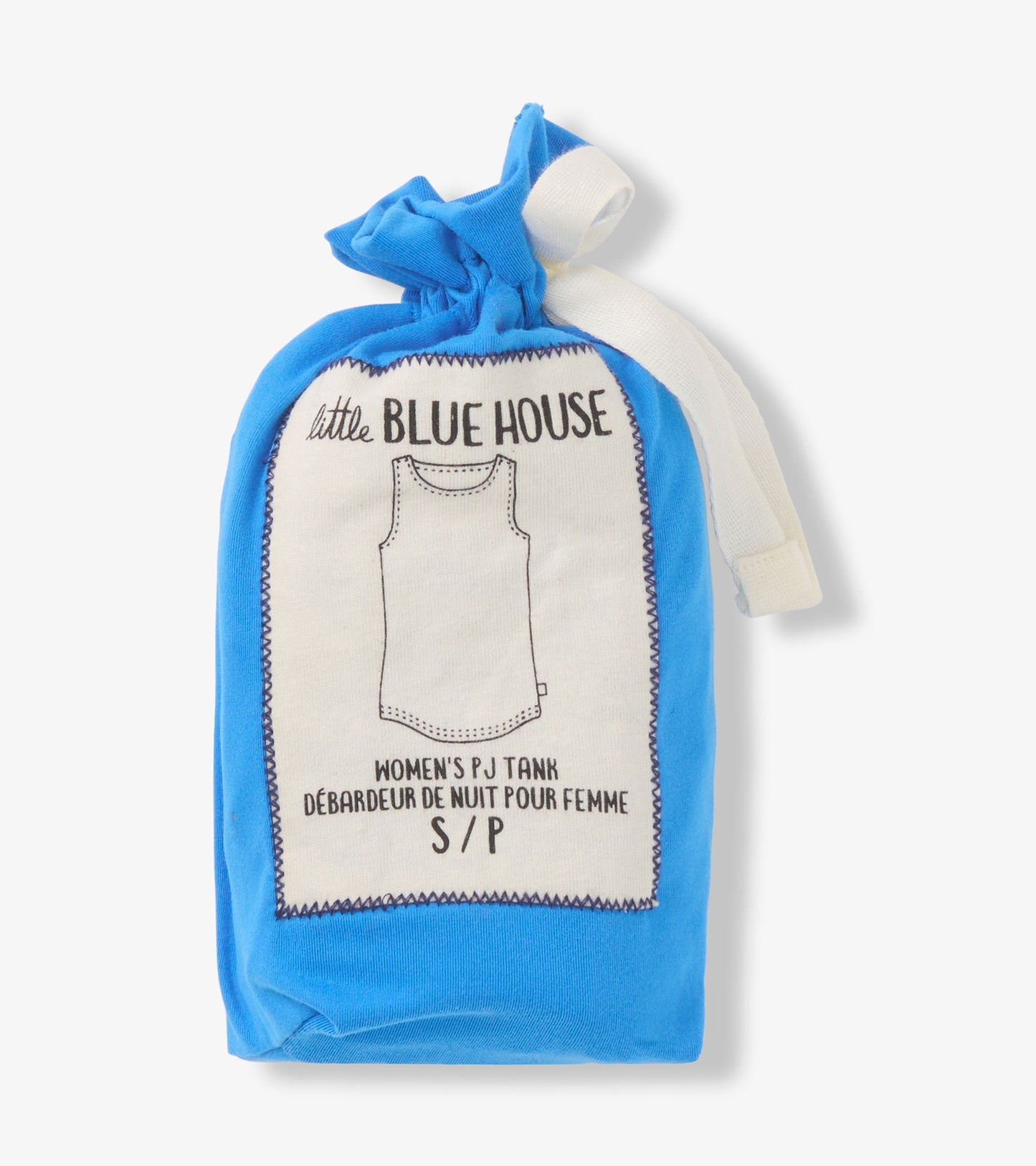 Blue pajama tank top for women, featuring a soft fabric and a simple design, packaged with a drawstring closure.