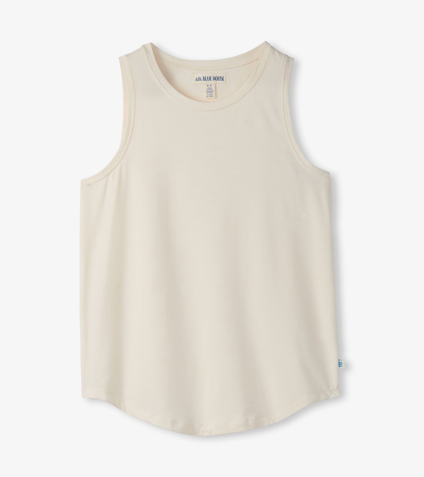 Cream sleeveless pajama tank top with a rounded hem and soft fabric, suitable for comfortable loungewear.