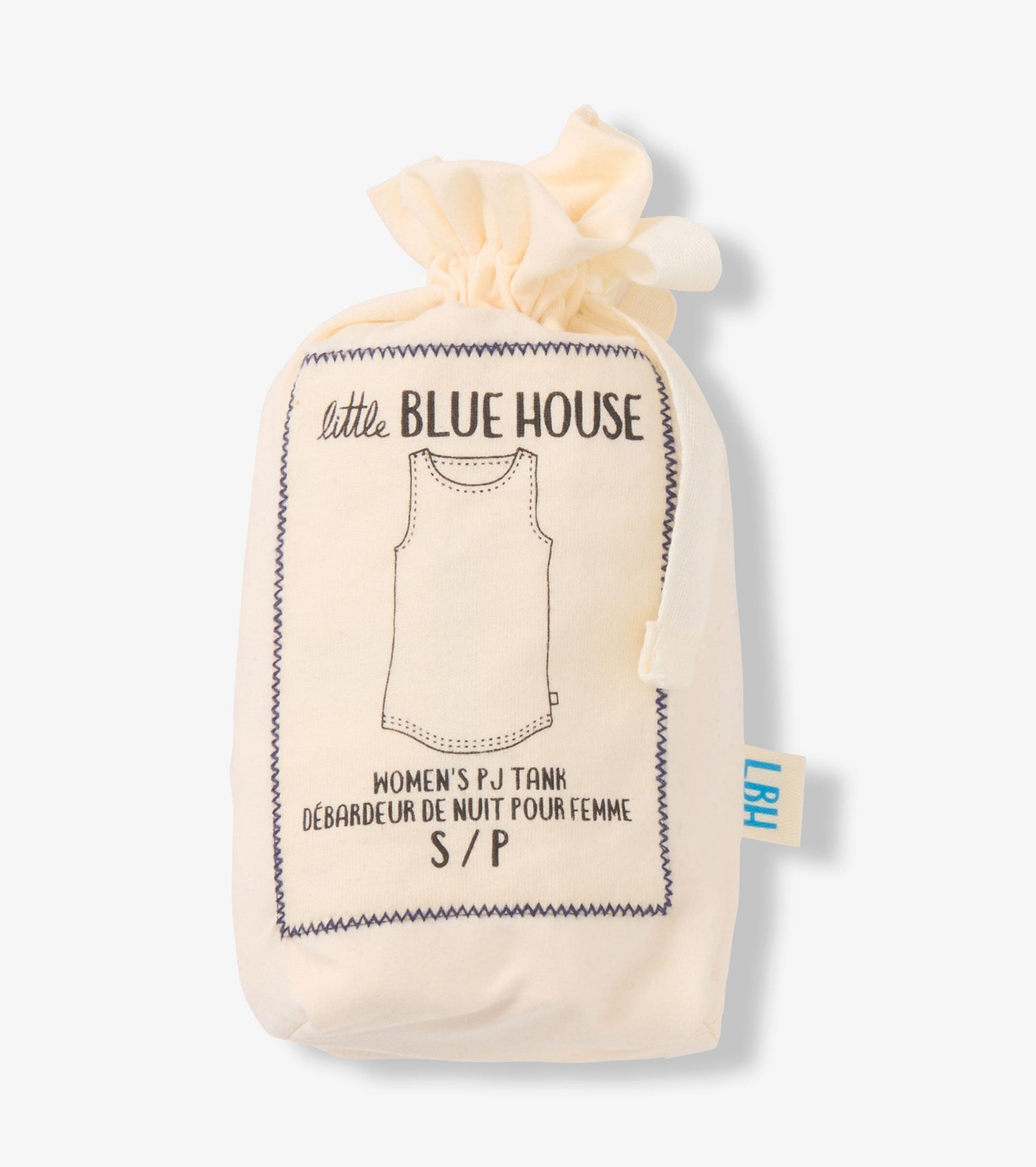 Cream pajama tank top in a soft fabric, featuring a simple sleeveless design, packaged in a drawstring bag.