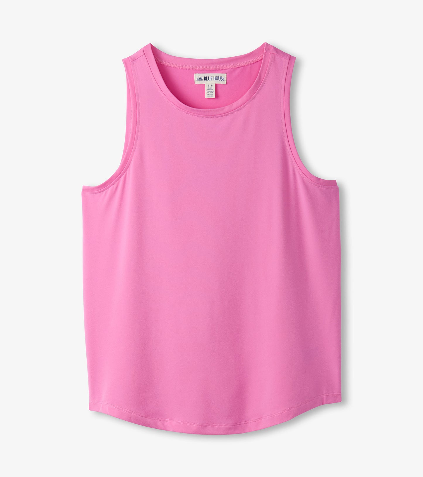 Pink sleeveless pajama tank top with a scoop neck, shown front view on a white background
