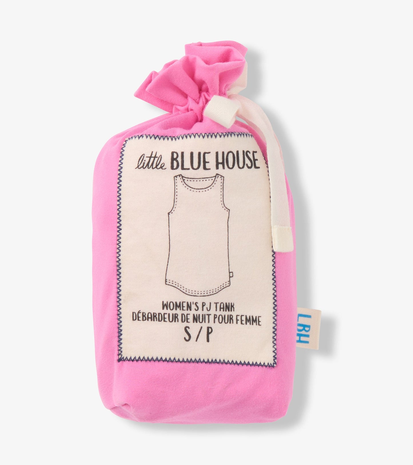 Pink pajama tank top packaged in a drawstring bag, featuring a simple design and soft fabric. Size S/P indicated.