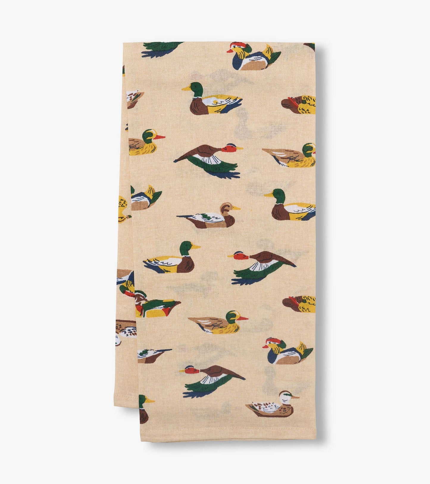 Beige tea towel with colorful duck print, shown folded vertically