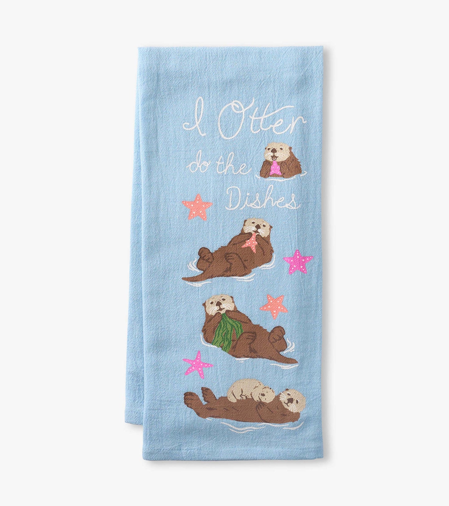 Light blue tea towel with otter illustrations, stars, and “I Otter do the Dishes” text, folded front view