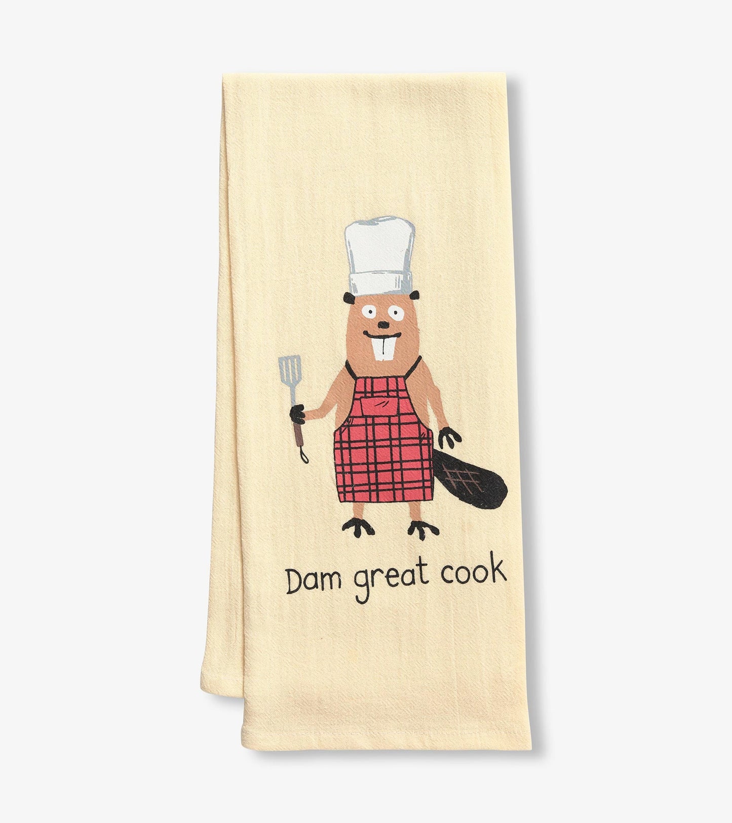 Beige tea towel featuring a cartoon beaver in a red plaid apron holding a spatula, with the text "Dam great cook.