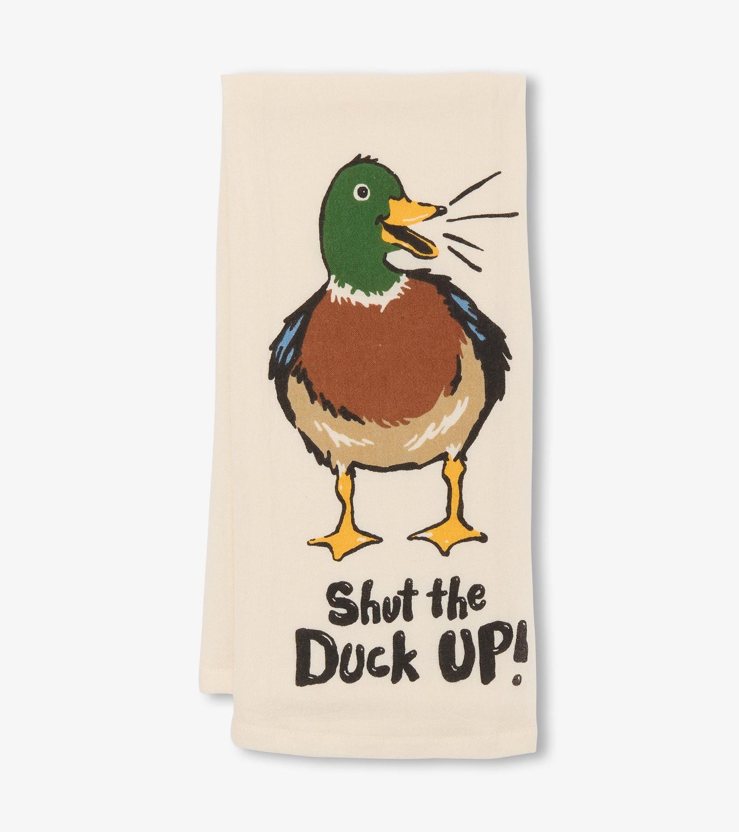 Cream tea towel featuring a colorful duck illustration and playful text design.