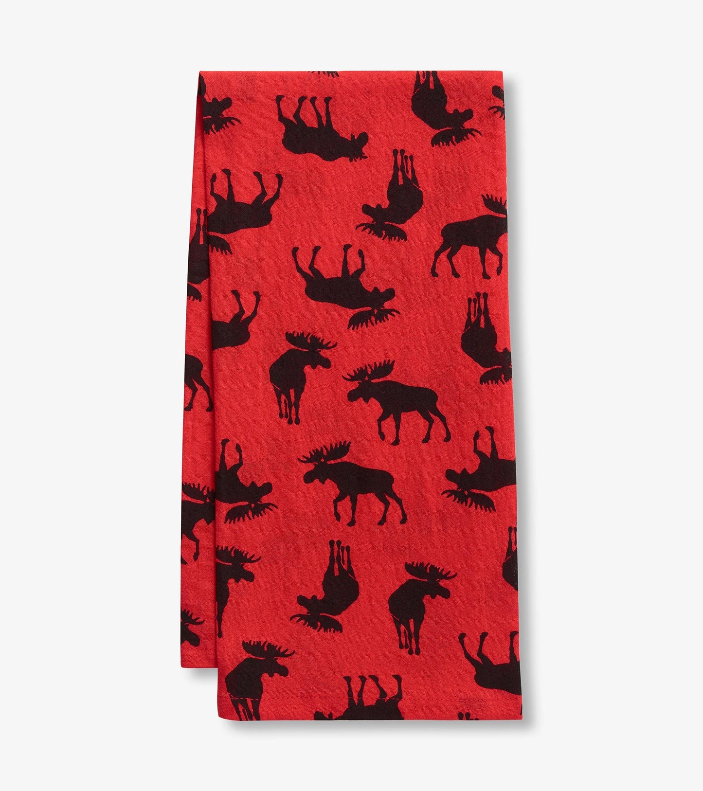 Red tea towel featuring a pattern of black moose silhouettes.