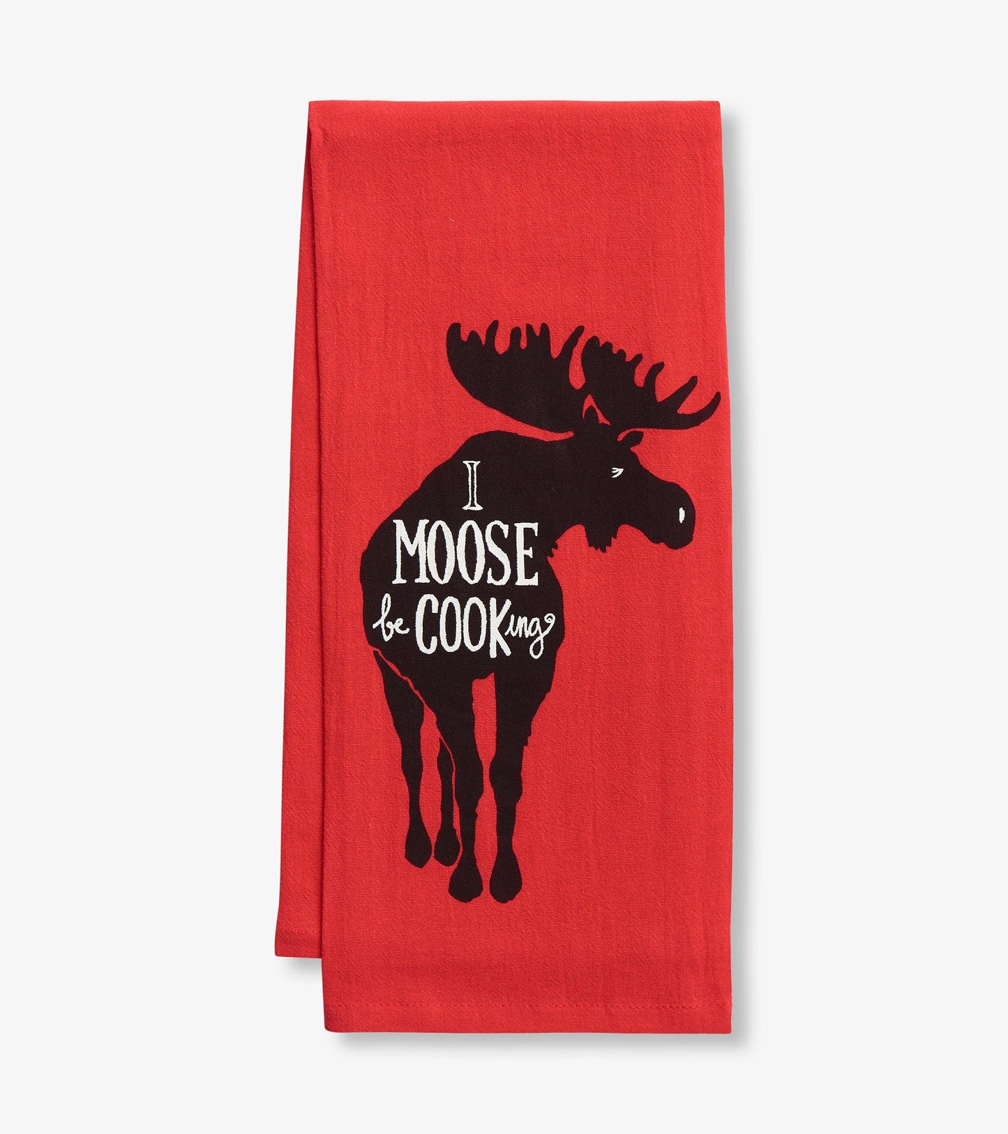 Red tea towel featuring a black moose silhouette and playful text design. Ideal for kitchen use.