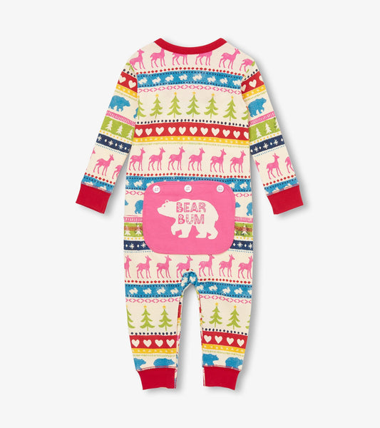 Colorful Fair Isle union suit with animal and tree patterns, featuring a pink bear graphic on the back.