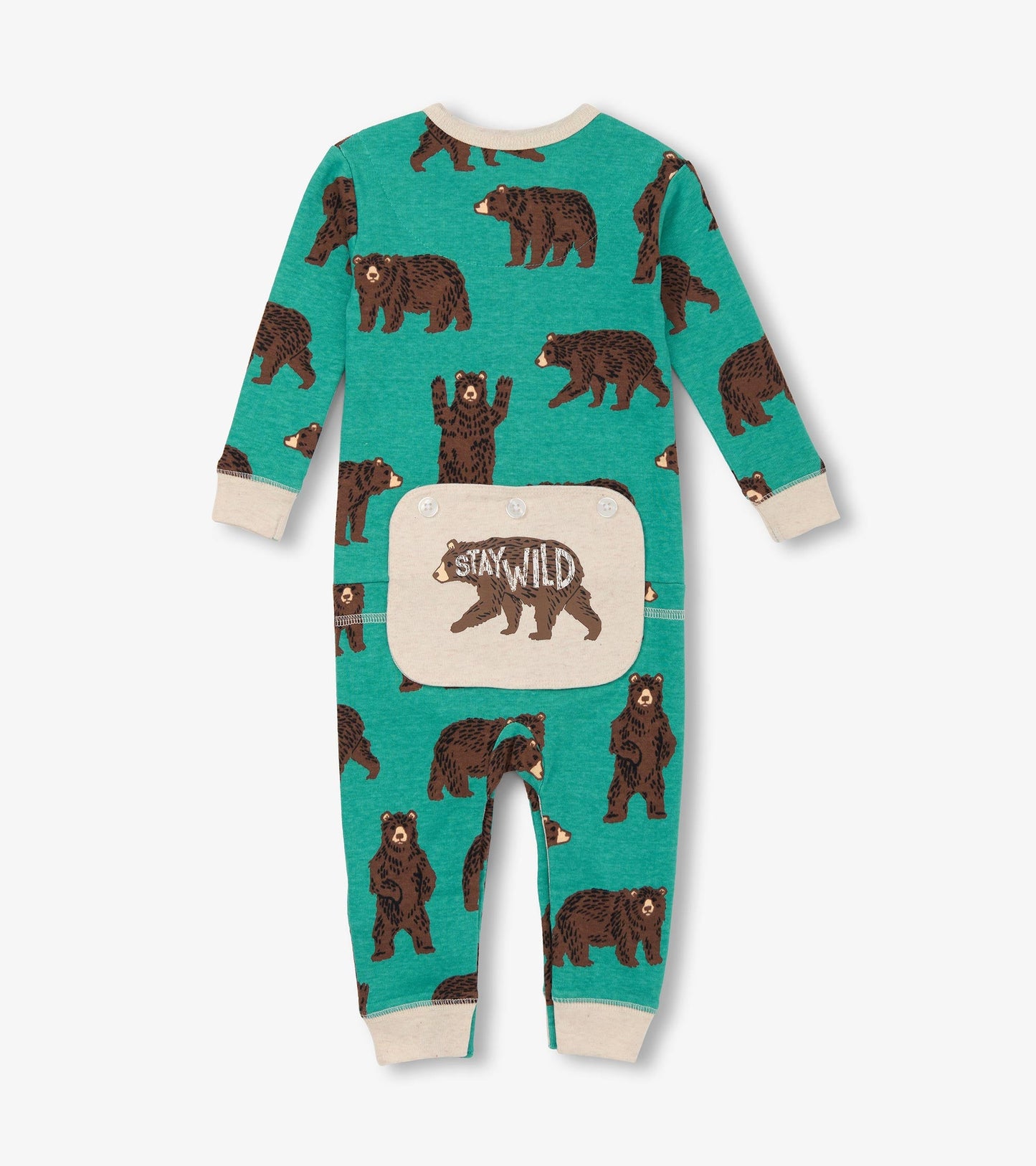 Turquoise union suit featuring brown bear prints, long sleeves, and a "Stay Wild" patch on the back.