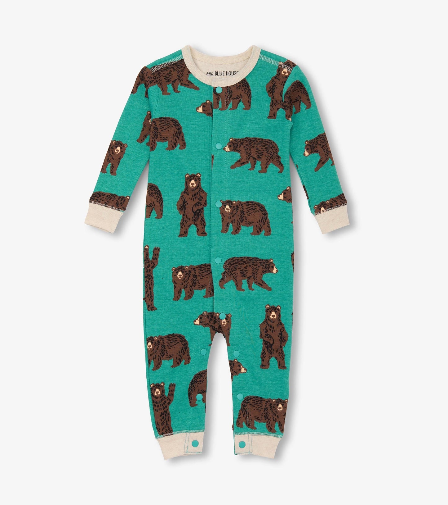 Turquoise union suit featuring brown bear patterns, long sleeves, and snap closures at the front and legs.