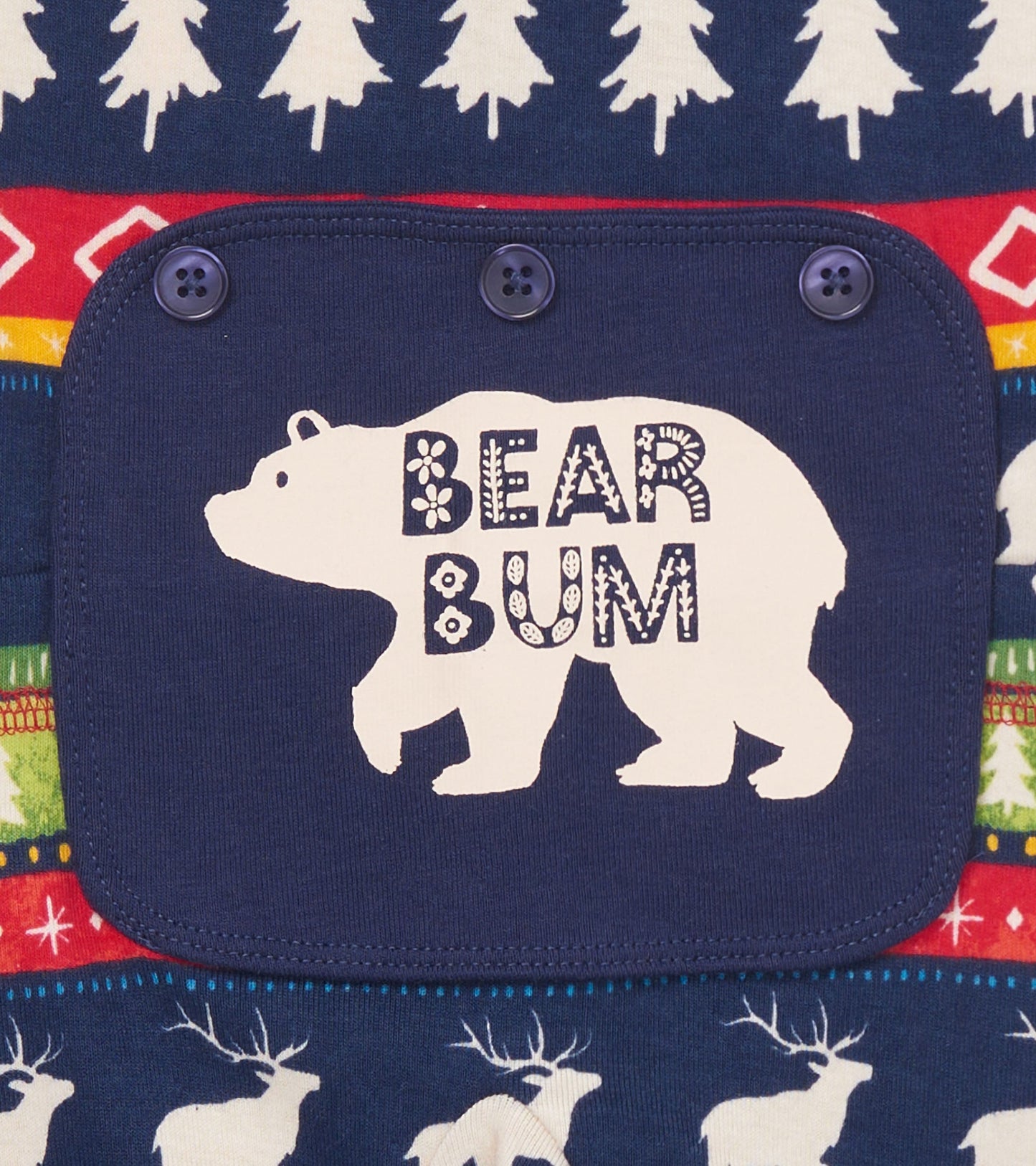 Navy union suit featuring a bear graphic and Fair Isle pattern with trees and reindeer, designed for infants.